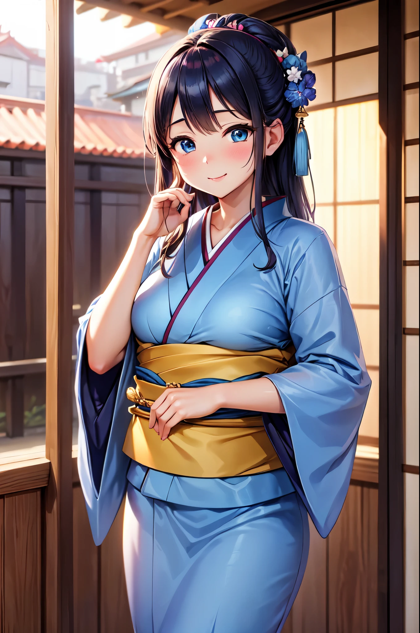 (High quality, High resolution, Fine details), Japanese Castle Towns, Light blue kimono, solo, curvy women, sparkling eyes, (Detailed eyes:1.2), Standing, smile, blush, Sweat, Oily skin, Soft tones, shallow depth of field
