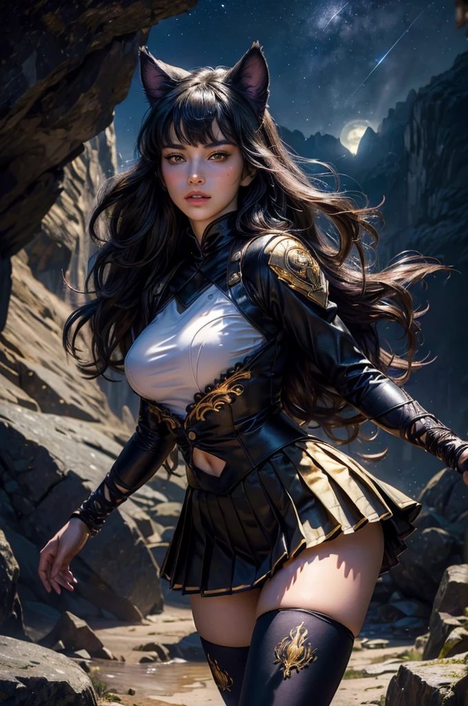 (masterpiece,stunning girlfriend, (standing:1.1), dynamic pose, heart shaped face, elegant face, beautiful face, highly detailed face, highly detailed skin, skin pores, subsurface scattering, realistic pupils, looking at viewer, full lips, detailed background, depth of field, atmospheric perspective, volumetric lighting, sharp focus, absurdres, realistic proportions, good anatomy, (realistic, hyperrealistic:1.4), 16k hdr, (masterpiece, best quality), intricate details, 1girl, blake_belladonna, gmuniform, pleated skirt, blue thighhighs, black and gold uniform, standing outside, night, stars, moonlight, cave entrance, underground river, rocks, crowd