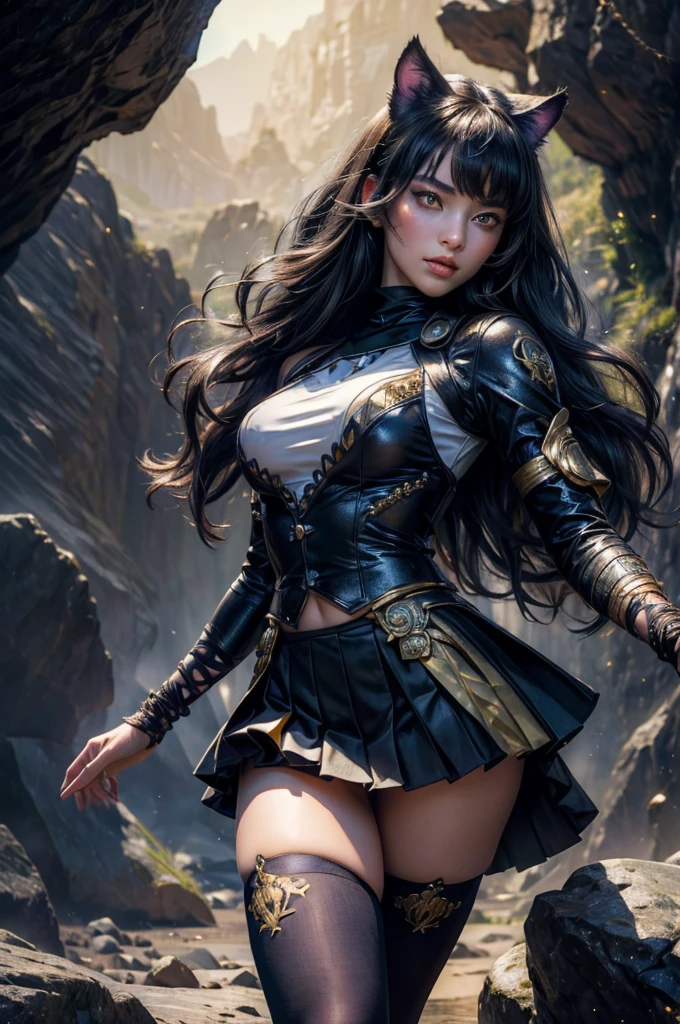 (masterpiece,stunning girlfriend, (standing:1.1), dynamic pose, heart shaped face, elegant face, beautiful face, highly detailed face, highly detailed skin, skin pores, subsurface scattering, realistic pupils, looking at viewer, full lips, detailed background, depth of field, atmospheric perspective, volumetric lighting, sharp focus, absurdres, realistic proportions, good anatomy, (realistic, hyperrealistic:1.4), 16k hdr, (masterpiece, best quality),  intricate details, 1girl,   blake_belladonna, gmuniform, pleated skirt, blue thighhighs,  black and gold uniform, standing outside, night, stars, moonlight, cave entrance, underground river, rocks,  crowd