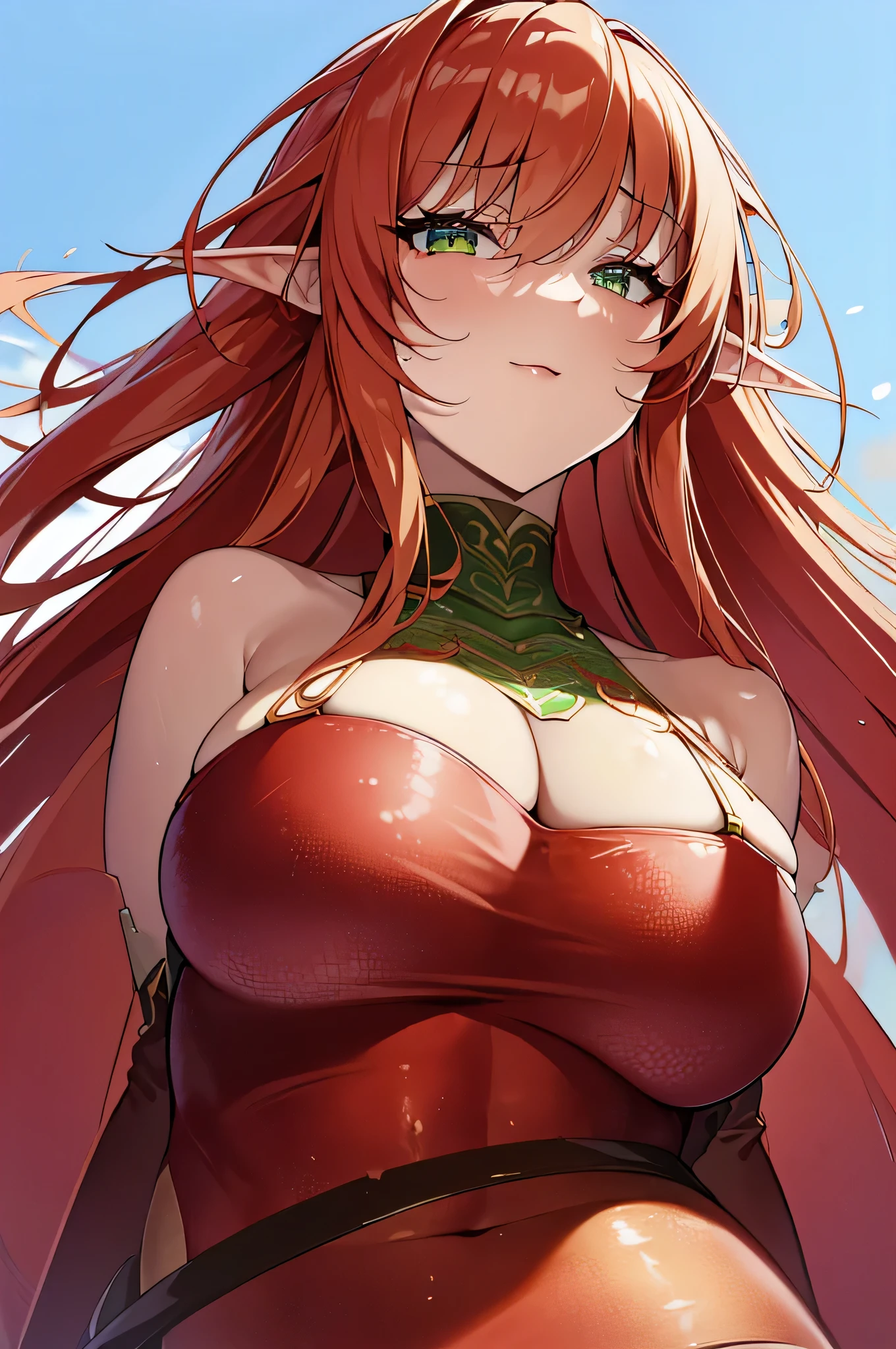 (best quality,4k,highres,masterpiece:1.2),extremely detailed,long red hair flowing in the wind, captivating emerald green eyes, delicate facial features,(seductive,alluring) gaze, (graceful,elegant) posture, (anime:1.1) girl with a (unique,unconventional) twist, (glowing,luminescent) elf ears peeking out from her vibrant hair, (beautifully designed) red snake tail coiling around her legs, (exquisite,fine) scales on her chest, wearing a (stunning,gorgeous) top that accentuates her (voluptuous,slender) figure, (noire:1.1) atmosphere with (dramatic,subtle) lighting, (anime:0.9) monster girl with a seductive charm, (vivid,striking) colors that bring the image to life, (sharp focus:1.1) to showcase every intricate detail of the character, capturing the essence of the anime style.