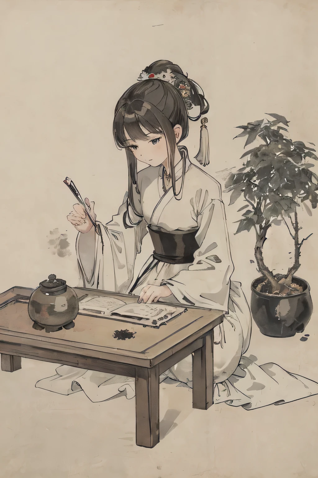 (masterpiece, best quality: 1.2), Traditional Chinese ink painting, A simple portrait landscape art painting,Depicts a slender figure,Dress simply and elegantly,Looks sad,A Chinese Qing Dynasty poetess misses her husband。A smoking metal aromatherapy burner is placed on the table,The background is a large field of chrysanthemums and green leaves