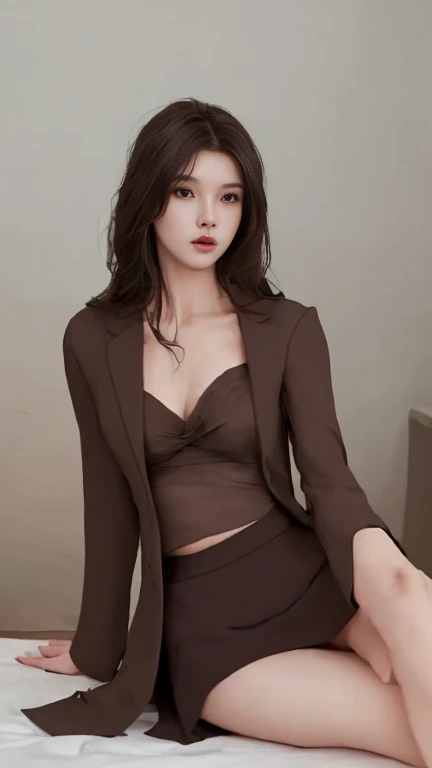 Model Girl,sexy,dark brown hair,Wear a bare-shouldered suit.,Wear a short skirt with legs slit.,Sitting in the bedroom of the resort