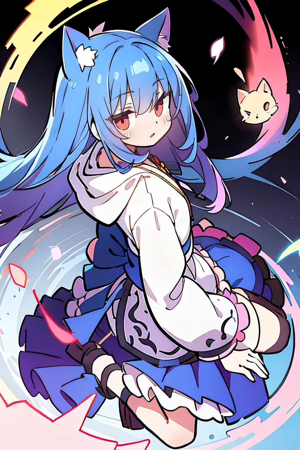 (masterpiece:1.2),Super detailed,lifelike,Expressive eyes,fair skin,perfect face shape,1 girl,
Japanese comics,Gorgeous blue hair,flowing blue hair,flowing clothes,Cat ears,Petals fall,beautiful lola,Baby Angel,
Shaking head with one hand,Cross your legs,Gentle and peaceful background,The pavilion is cool and comfortable,smile, wearing hoodie, background of tokyo,back views.