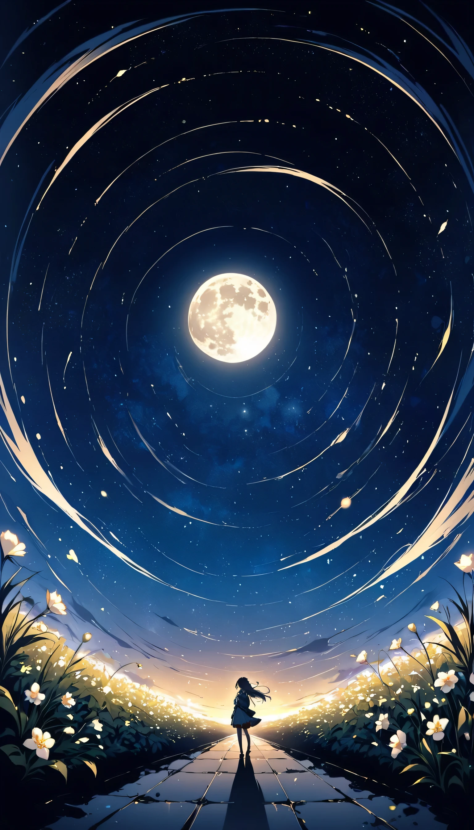 highest quality、High resolution、Clear image、Detailed Background、girl、random art、flower、Night Sky、Dutch Angle、Wide Shot、Comet Group、Big full moon、Wind、5mStanding ahead、