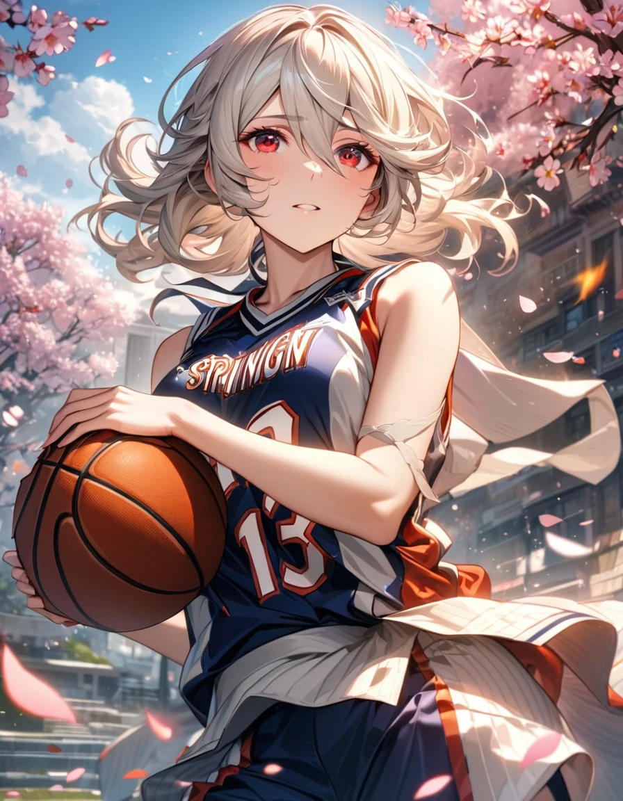 absurdres, highres, ultra detailed, HDR, masterpiece, extremely detailed face and eyes, Corrin, white hair, expressive red eyes, Fire Emblem Fates, solo, woman, extremely beautiful, basketball uniform, spring, blossoms, petals
