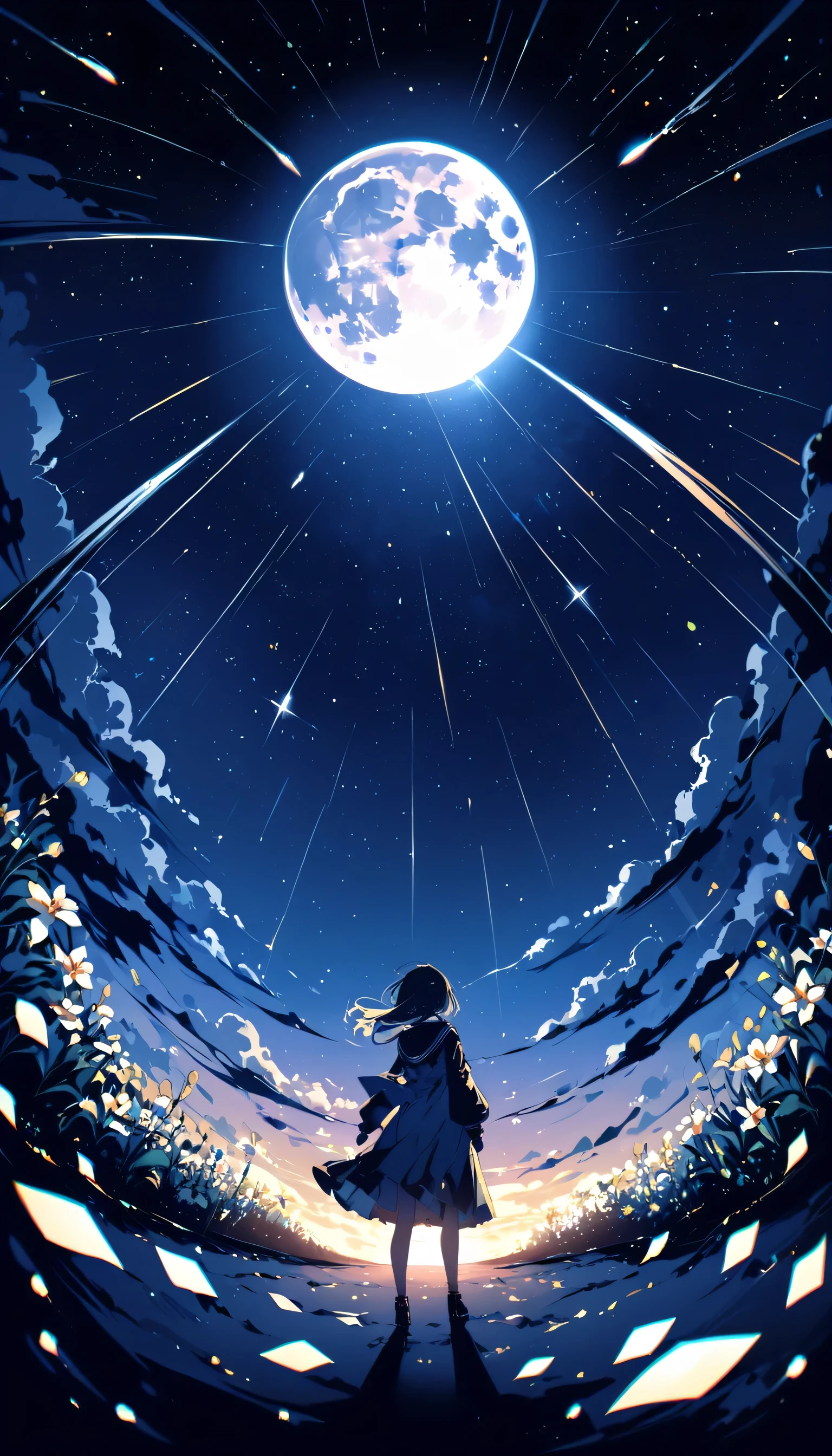 highest quality、High resolution、Clear image、Detailed Background、girl、random art、flower、Night Sky、Dutch Angle、Wide Shot、Comet Group、Big full moon、Wind、5mStanding ahead、
