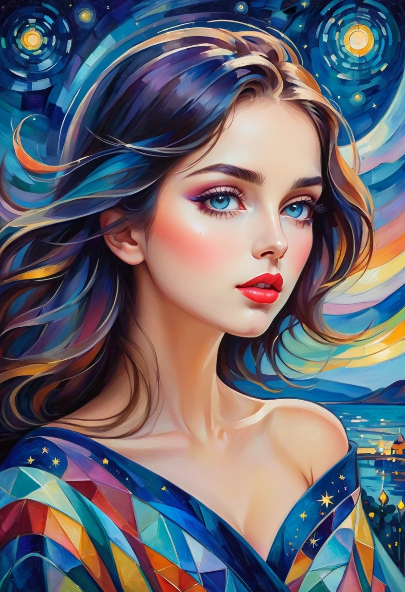 (best quality,actual,high resolution:1.2),pastel tones, painting,Impressionist strokes,from cubism, Fauvism to Surrealism and Abstraction, Beautiful and delicate eyes of a woman,Beautiful and delicate lips,flowing hair, Their artistic concepts and patterns are reflected in the clothing design.starry sky background