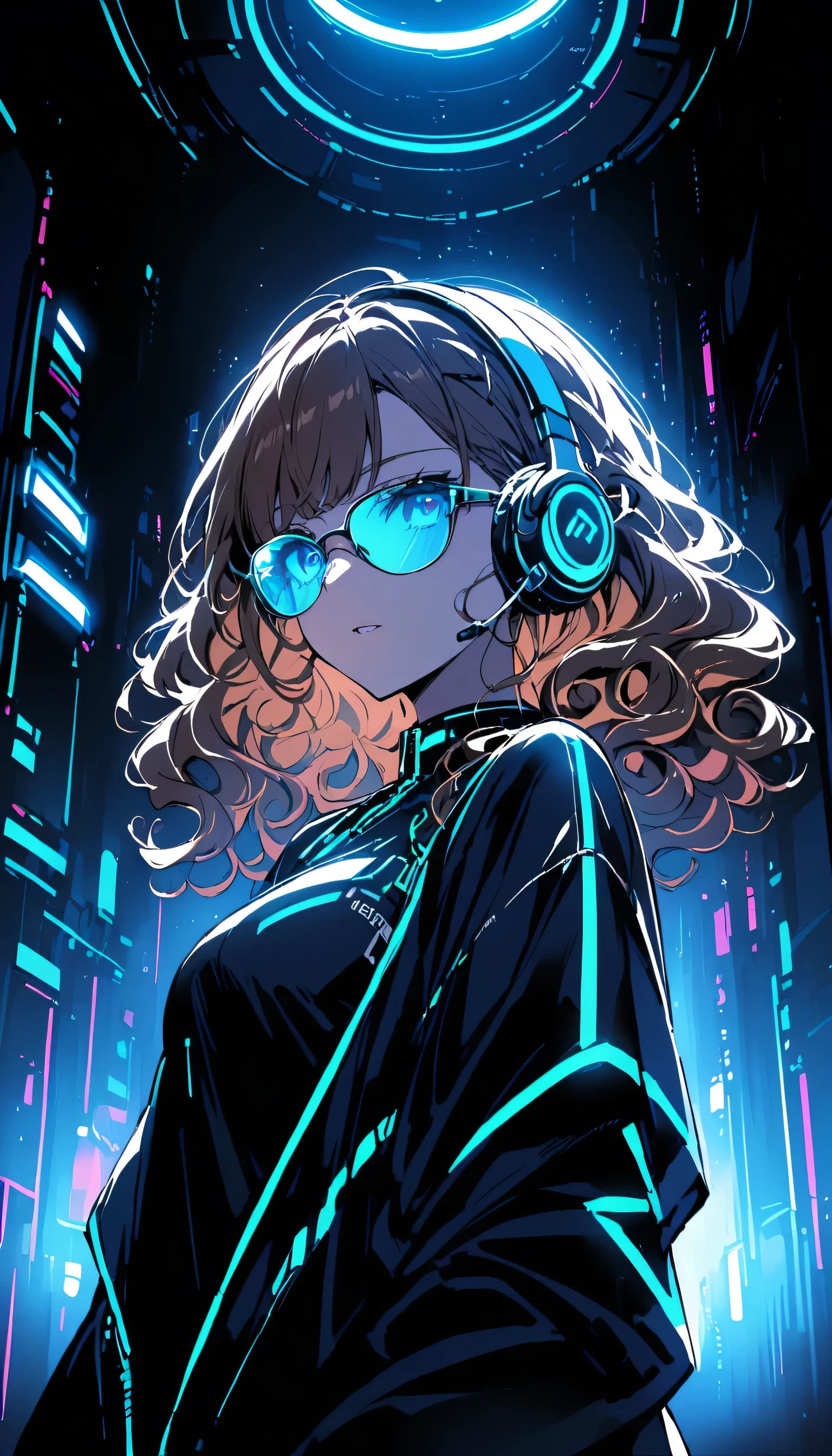 Brown Hair . Beautiful woman with curly hair and sunglasses、Full size headphones（Earpiece or surround）Wear、Neon glow of neon cyberpunk coordinator at night in a dark room。