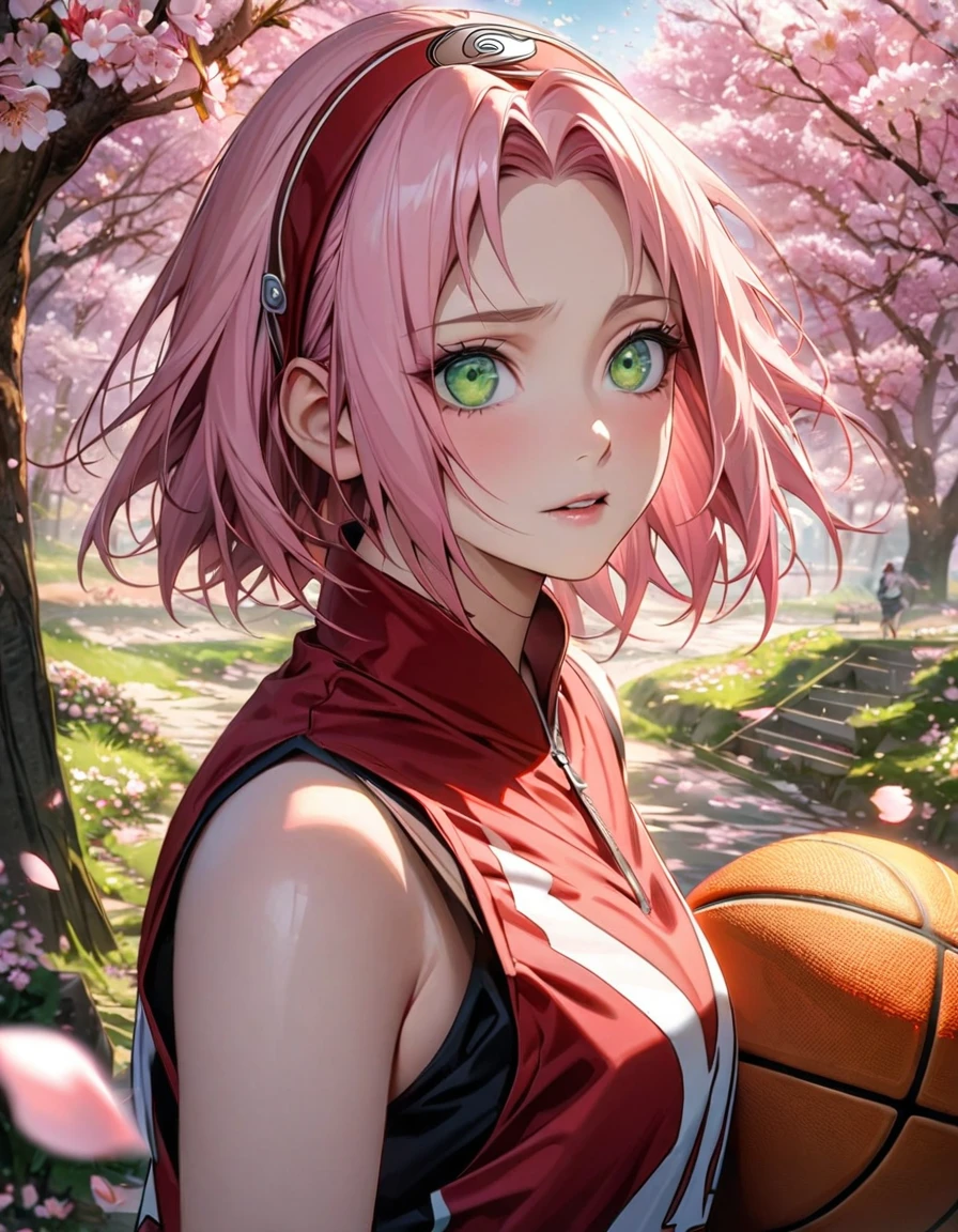 Ultra detailed, Highres, HDR, absurdres, Haruno Sakura, expressive green eyes, pink short hair, woman, extremely beautiful, Naruto Shippuden, solo, extremely detailed face and eyes, petals, blossoms, spring, master piece, basketball uniform, cherry blossoms, butterflies