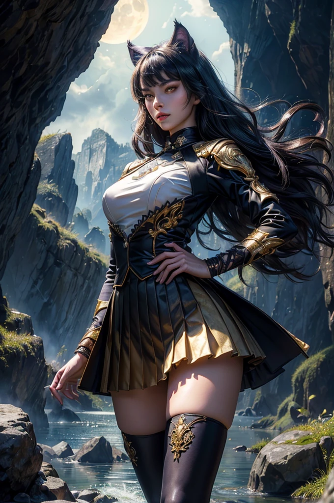 (masterpiece,stunning girlfriend, (standing:1.1), dynamic pose, heart shaped face, elegant face, beautiful face, highly detailed face, highly detailed skin, skin pores, subsurface scattering, realistic pupils, looking at viewer, full lips, detailed background, depth of field, atmospheric perspective, volumetric lighting, sharp focus, absurdres, realistic proportions, good anatomy, (realistic, hyperrealistic:1.4), 16k hdr, (masterpiece, best quality), intricate details, 1girl, blake_belladonna, gmuniform, pleated skirt, blue thighhighs, black and gold uniform, standing outside, night, stars, moonlight, cave entrance, underground river, rocks, crowd