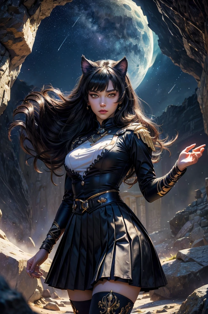 (masterpiece,stunning girlfriend, (standing:1.1), dynamic pose, heart shaped face, elegant face, beautiful face, highly detailed face, highly detailed skin, skin pores, subsurface scattering, realistic pupils, looking at viewer, full lips, detailed background, depth of field, atmospheric perspective, volumetric lighting, sharp focus, absurdres, realistic proportions, good anatomy, (realistic, hyperrealistic:1.4), 16k hdr, (masterpiece, best quality), intricate details, 1girl, blake_belladonna, gmuniform, pleated skirt, blue thighhighs, black and gold uniform, standing outside, night, stars, moonlight, cave entrance, underground river, rocks, crowd