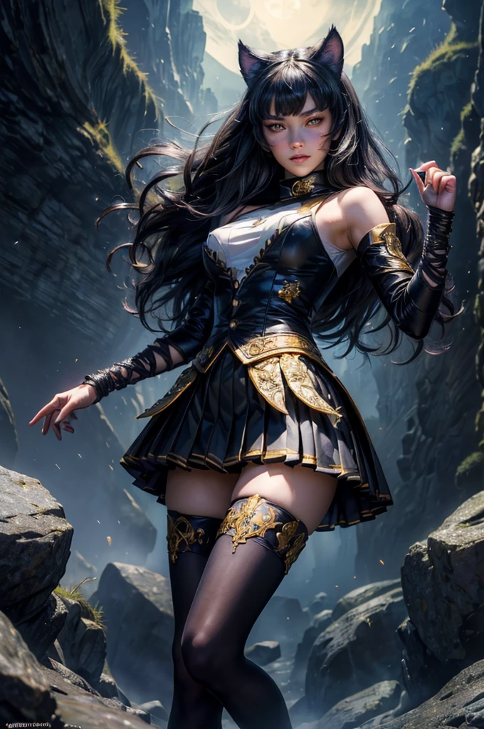 (masterpiece,stunning girlfriend, (standing:1.1), dynamic pose, heart shaped face, elegant face, beautiful face, highly detailed face, highly detailed skin, skin pores, subsurface scattering, realistic pupils, looking at viewer, full lips, detailed background, depth of field, atmospheric perspective, volumetric lighting, sharp focus, absurdres, realistic proportions, good anatomy, (realistic, hyperrealistic:1.4), 16k hdr, (masterpiece, best quality),  intricate details, 1girl,   blake_belladonna, gmuniform, pleated skirt, blue thighhighs,  black and gold uniform, standing outside, night, stars, moonlight, cave entrance, underground river, rocks,  crowd