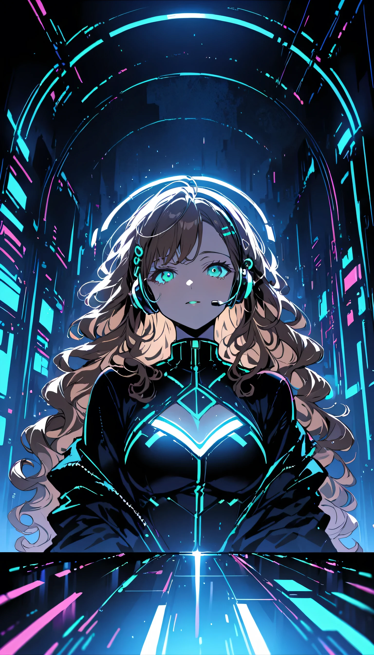 Brown Hair . Beautiful woman with curly hair and sunglasses、Full size headphones（Earpiece or surround）Wear、Neon glow of neon cyberpunk coordinator at night in a dark room。