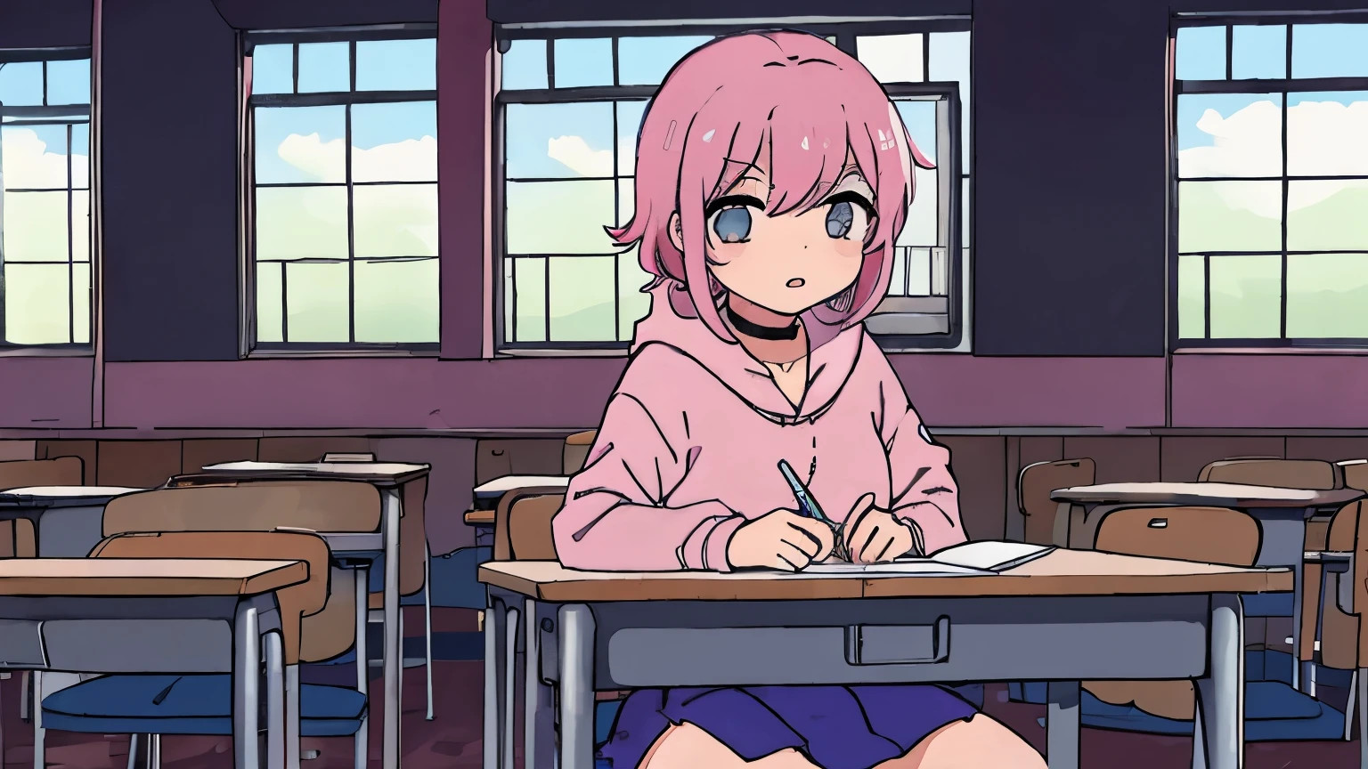 anime girl, short pink hair, pink hoodie, blue skirt, black legwear, choker, school, sitting in chair school desk writing