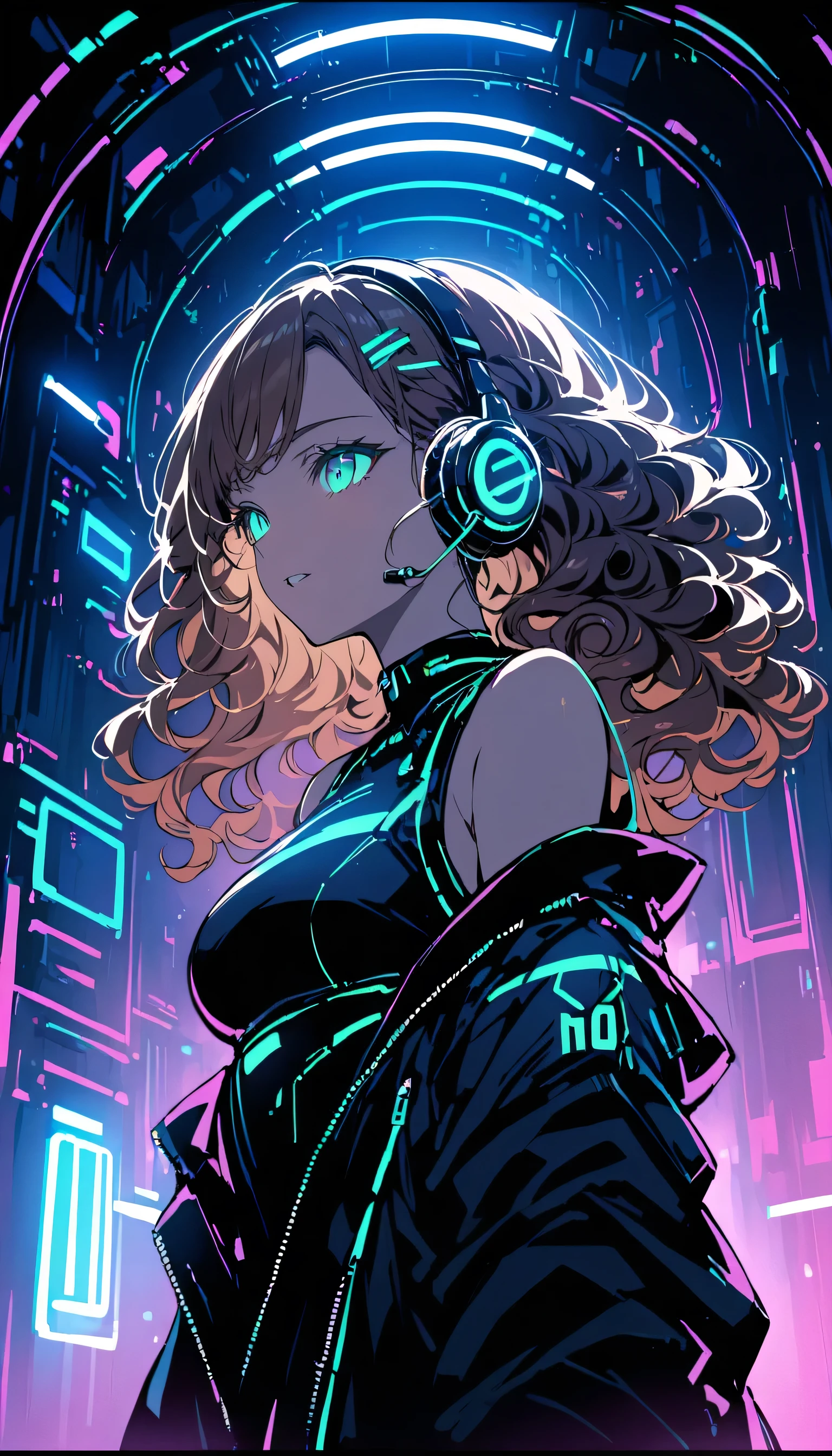 Brown Hair . Beautiful woman with curly hair and sunglasses、Full size headphones（Earpiece or surround）Wear、Neon glow of neon cyberpunk coordinator at night in a dark room。