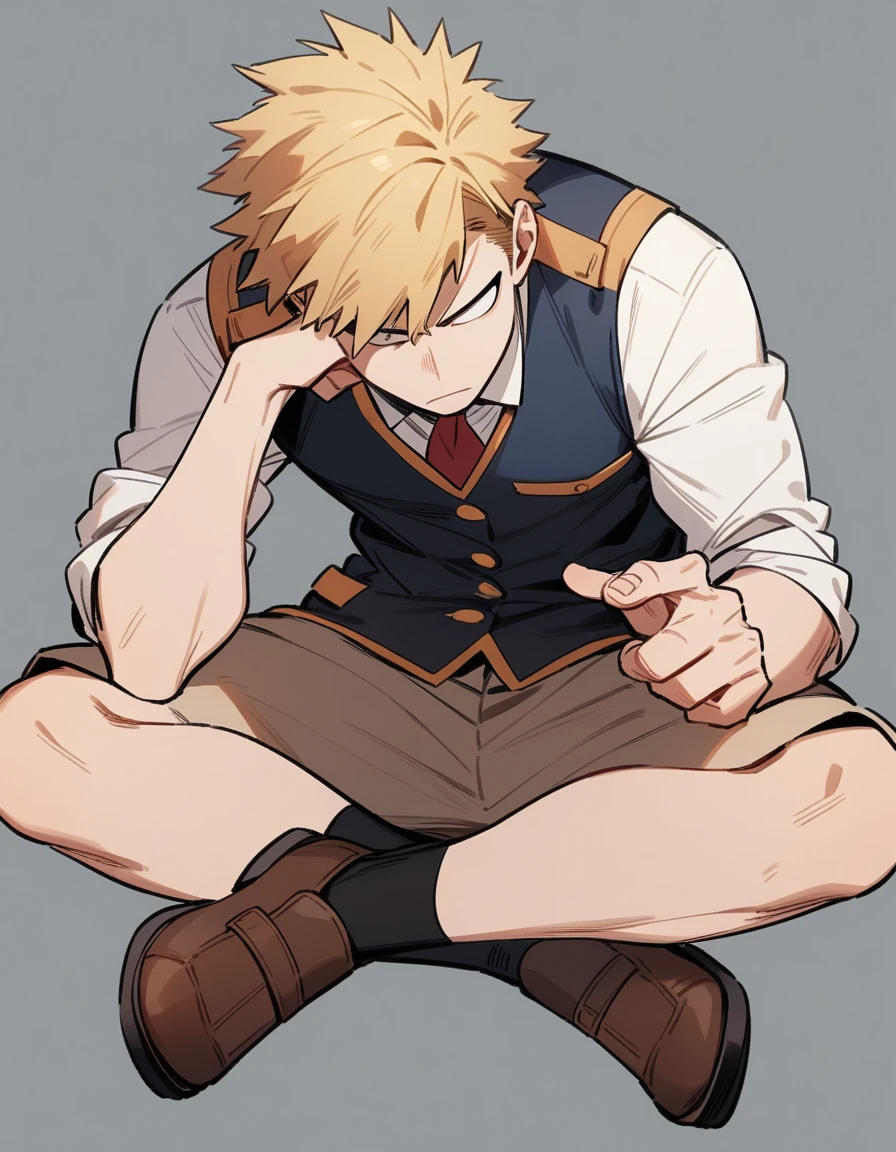 One boy, male focus, brown and blond hair, boku no hero academia, masterpiece, best quality, very aesthetic, academy uniform, full body illustration, studying pose.