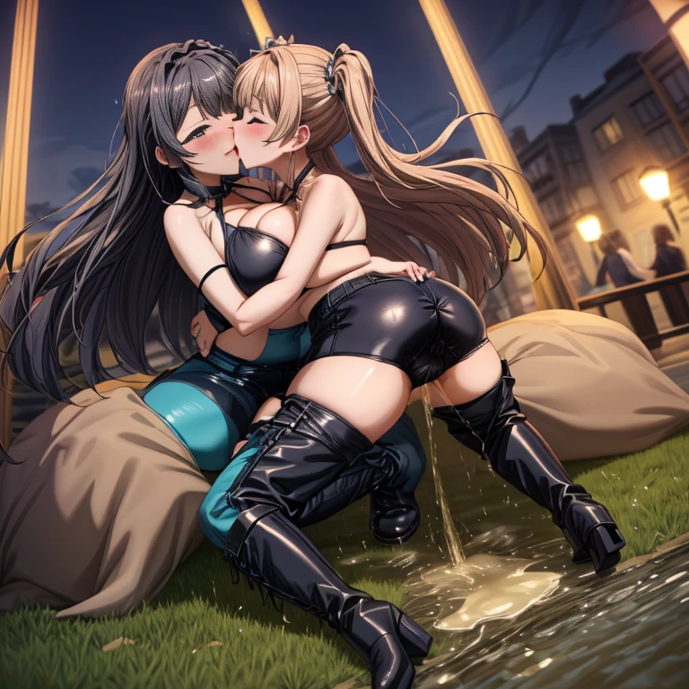 High resolution, Beautiful woman, Attention to detail, Good lighting, Obscene, Hentai, (((Bike Shorts))), (Leather halter top), (Abdominal area only), (Camel Toe), (((Thigh-heeled leather boots))), (Bare thighs), (Wet shorts), (((Be incontinent))), (((Peeing))), (((Peeing on your own))), (Pee running down my legs), Pee stains, (puddle), (Thick thighs), Nice long legs, lipstick, Pretty face, (Full Body Shot), ((In the city park、Embrace each other多くの美しいレズビアン女性たちと一緒に)), Heherz、Camel Toe、Giant tit、Nipple Puffs、Cleavage、Plump、Super big breasts、Super big butt、Kiss、Embrace each other、Drunk、cute