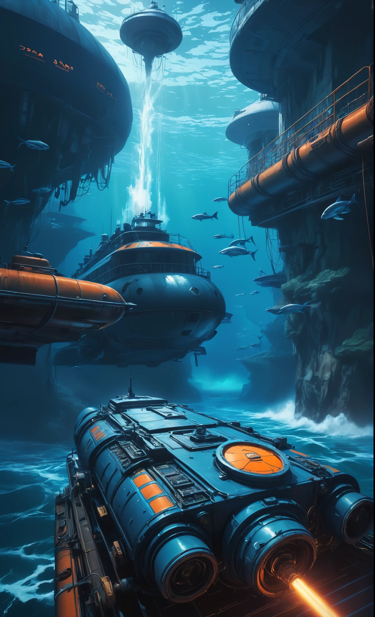 Nazare Subnautica vol.2 - New Nazare, by Luis Duarte, Nanopunk, blue shading, Nazare style, Element Water, Mythpunk, Graphic Interface, Space Art, Sci-Fic Art, Dark Influence, NijiExpress 3D v3, Kinetic Art, Datanoshing, Oilpainting, Ink v3, Splash style, Abstract Art, Abstract Tech, Cyber Tech Elements, Futuristic, Epic style, Illustrated v3, Deco Influence, AirBrush style, drawing