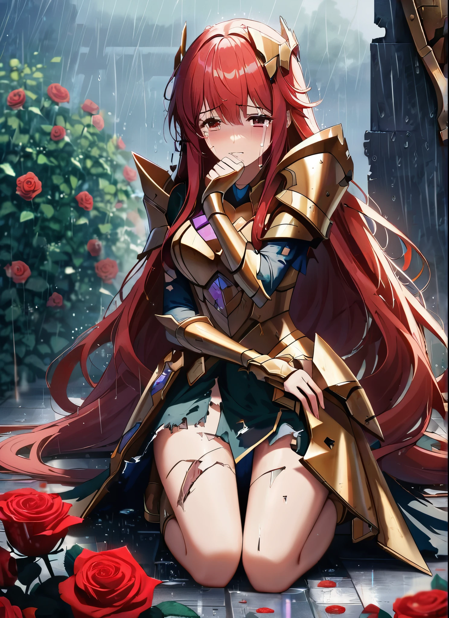 A girl, kneeling in the floor, wearing a ultra shattered and ultra broken princess golden armor, missing pieces, very damaged armor ,ripped clothes, broken helmet ,broken shield and broken sword, in tears, sad, red hair, ultra long hair dramatic scene, tears flowing in the face, garden, roses, rain, ultra detailed face