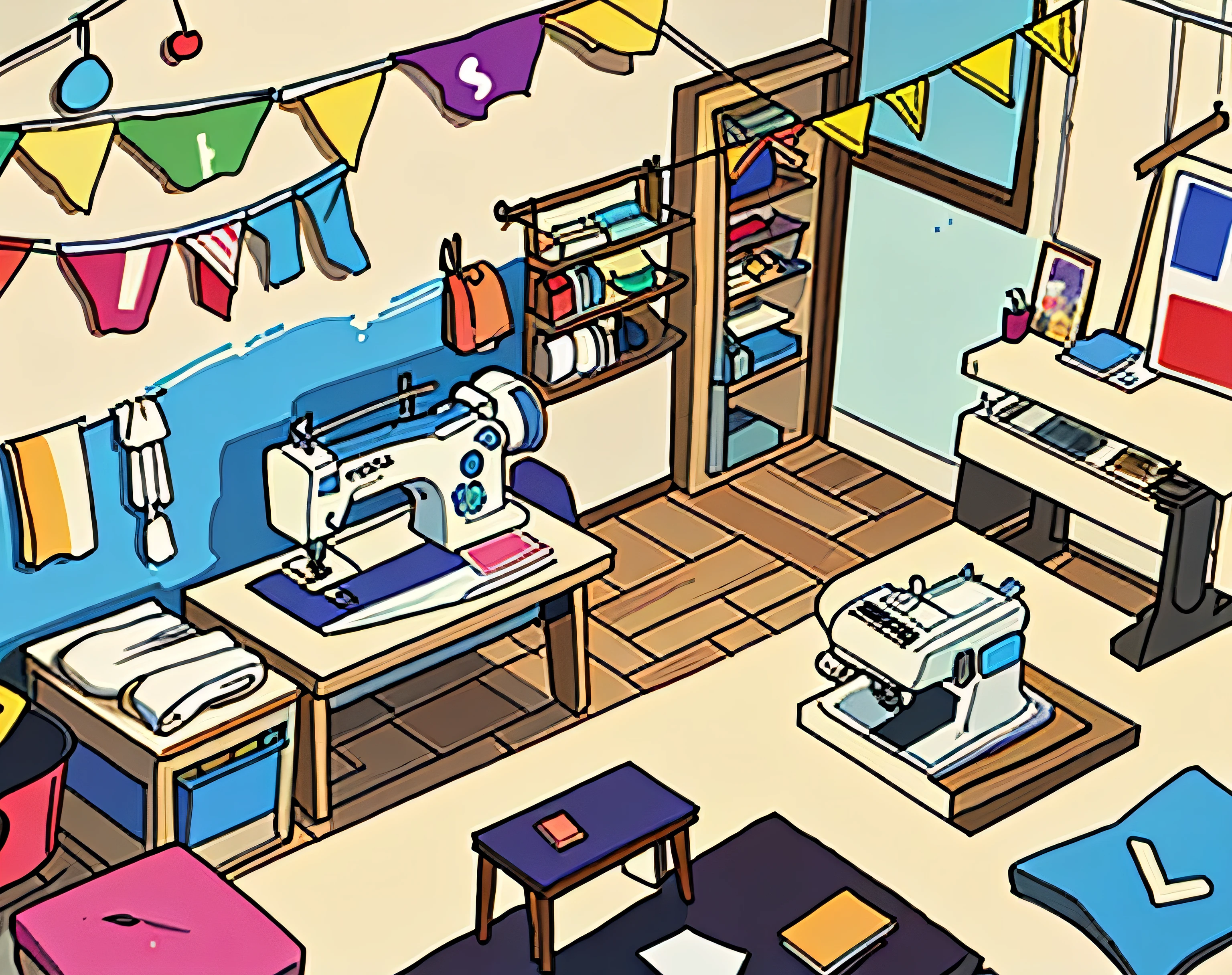 Room where there is a table with a sewing machine., hilos de colores, design sketches, Telas, patrones de costura, T-shirts printed with LGB pride designs