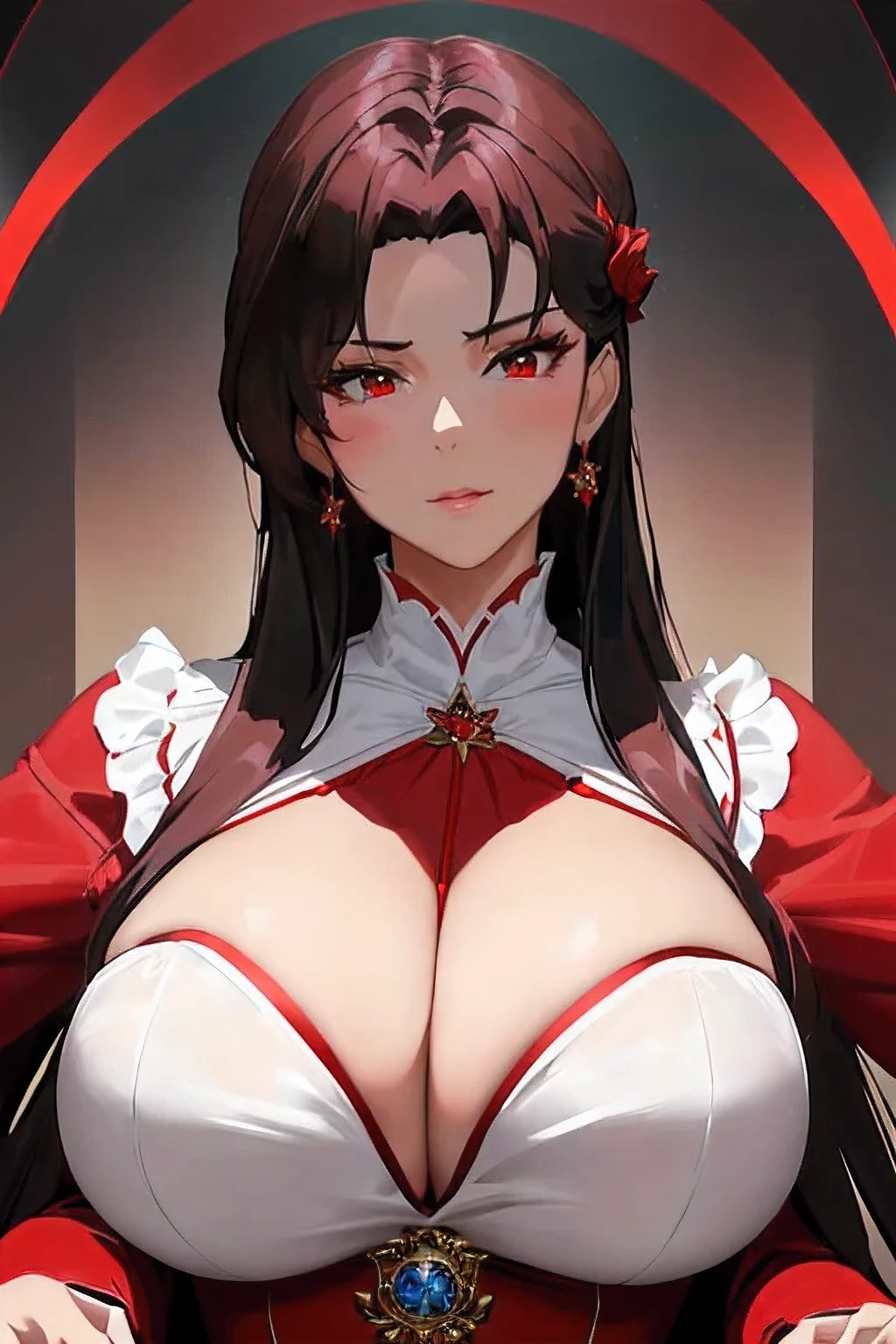 Close-up of a large breasted woman in a red dress, [ 4k digital art ]!!, Gweiz-style artwork, Gweitz masterpiece, Trending on cgstation, 8k high quality detailed art, Royal elegant pose, Beautiful and attractive anime woman, rin tohsaka, ArtStation PixivのGuweiz