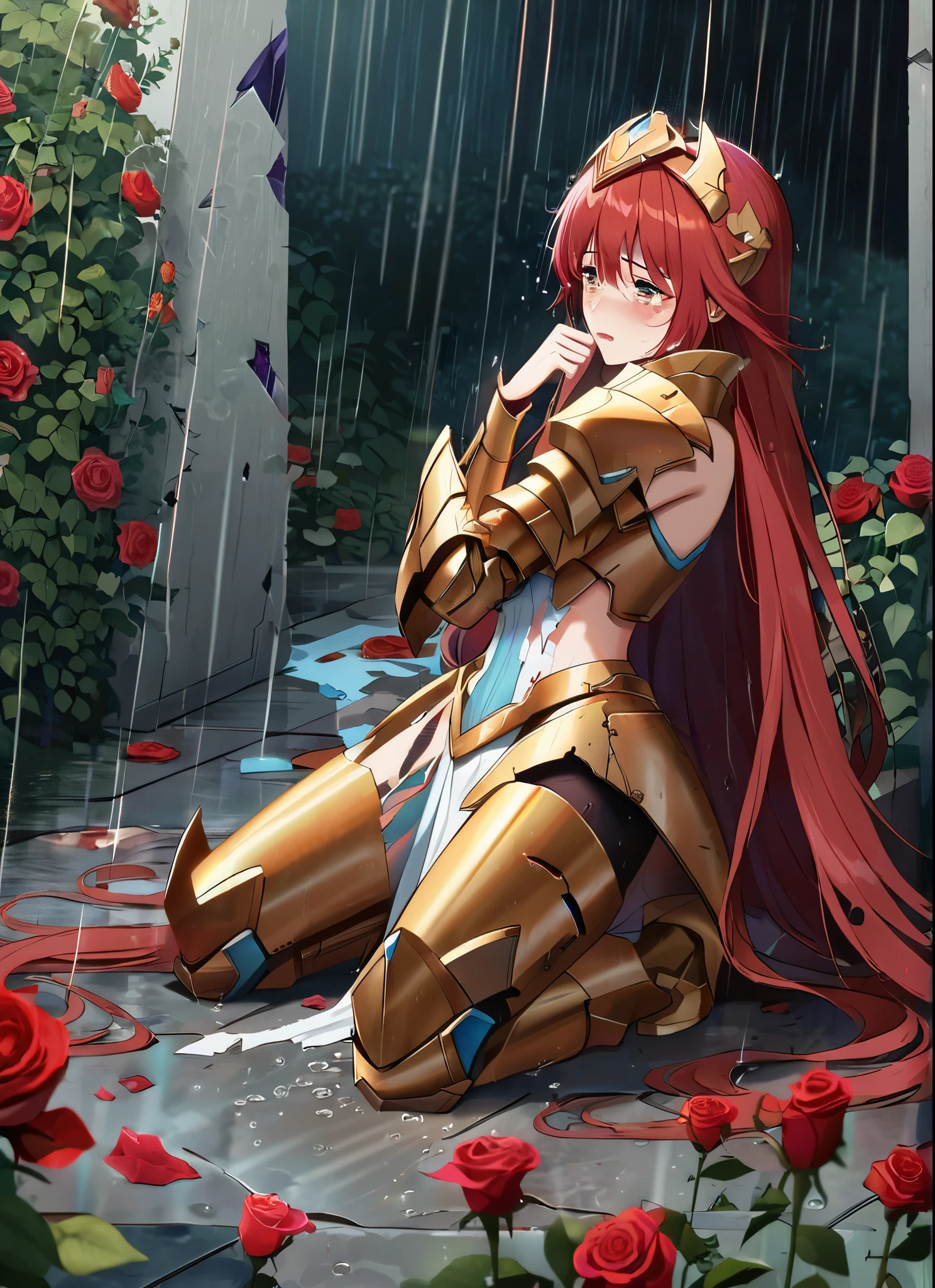 A girl, kneeling in the floor, wearing a ultra shattered and ultra broken princess golden armor, missing pieces, very damaged armor ,ripped clothes, broken helmet ,broken shield and broken sword, in tears, sad, red hair, ultra long hair dramatic scene, tears flowing in the face, garden, roses, rain, ultra detailed face