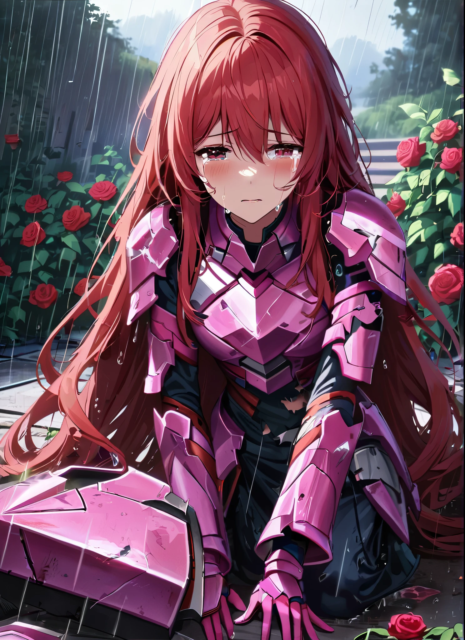 A girl, kneeling in the floor, wearing a ultra shattered and ultra broken cute pink armor, missing pieces, very damaged armor ,ripped clothes, broken helmet ,broken shield and broken sword, in tears, sad, red hair, ultra long hair dramatic scene, tears flowing in the face, garden, roses, rain, ultra detailed face