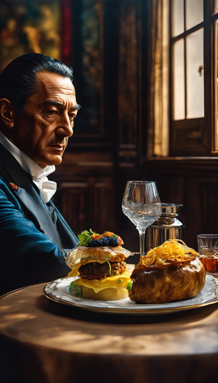 The subtle tension in the air as the restaurateurs contemplate the value of Dali's artwork versus the cost of the meal, digital art trending on Artstation 8k HD high definition detailed realistic, circunstanciado, textura da pele, hiper detalhado, textura de pele realista, armadura, melhor qualidade, ultra high-resolution, (fotorrealista:1.4), high resolution, circunstanciado, Foto RAW, sharp re, by Lee Jeffries Nikon D850 film Stock Photography 4 Kodak Portra 400 camera F1.6 lens rich colors hyper realistic lifelike texture dramatic lighting unrealengine trending on artstation cinestill 800,