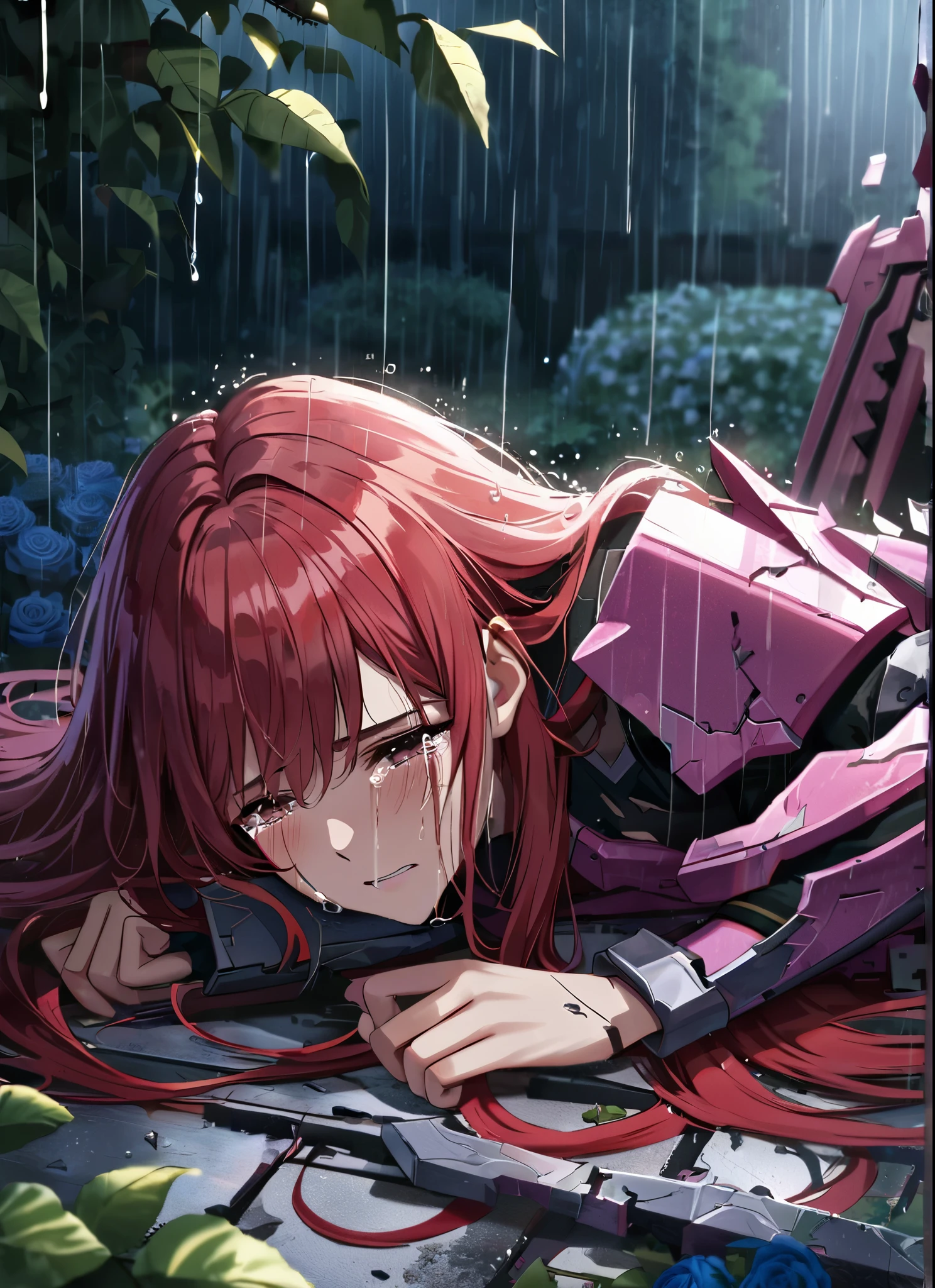 A girl, kneeling in the floor, wearing a ultra shattered and ultra broken cute  pink armor, missing pieces, very damaged armor ,ripped clothes, broken helmet ,broken shield  and broken sword, in tears, sad, red hair, ultra long hair dramatic scene, tears flowing in the face, garden, roses, rain, ultra detailed face 