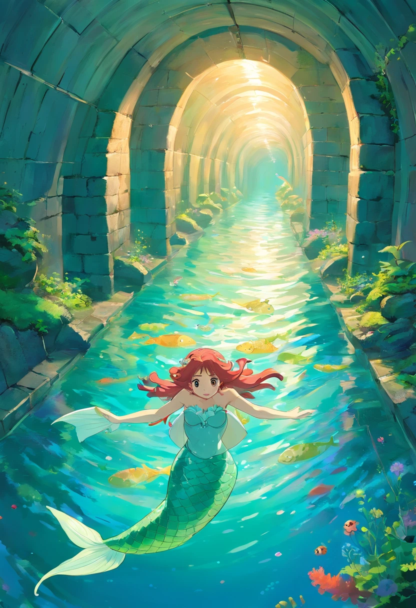 a group of mermaids swimming in a tunnel, inspired by Yanagawa Nobusada, deviantart contest winner, conceptual art, parody, [ [ hyperrealistic ] ], canals, fujifilm”