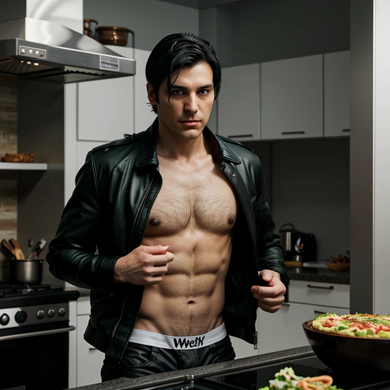 An adult male character, with black hair, green eyes, he wears an open black leather jacket showing his chest, with white underwear, he is in a kitchen, making food 