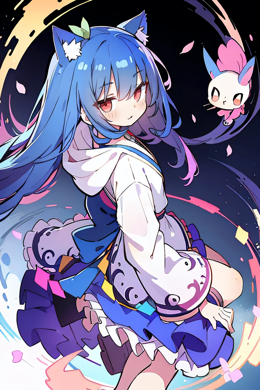 (masterpiece:1.2),Super detailed,lifelike,Expressive eyes,fair skin,perfect face shape,1 girl,
Japanese comics,Gorgeous blue hair,flowing blue hair,flowing clothes,Cat ears,Petals fall,beautiful lola,Baby Angel,
Shaking head with one hand,Cross your legs,Gentle and peaceful background,The pavilion is cool and comfortable,smile, wearing hoodie, background of tokyo,back views.
