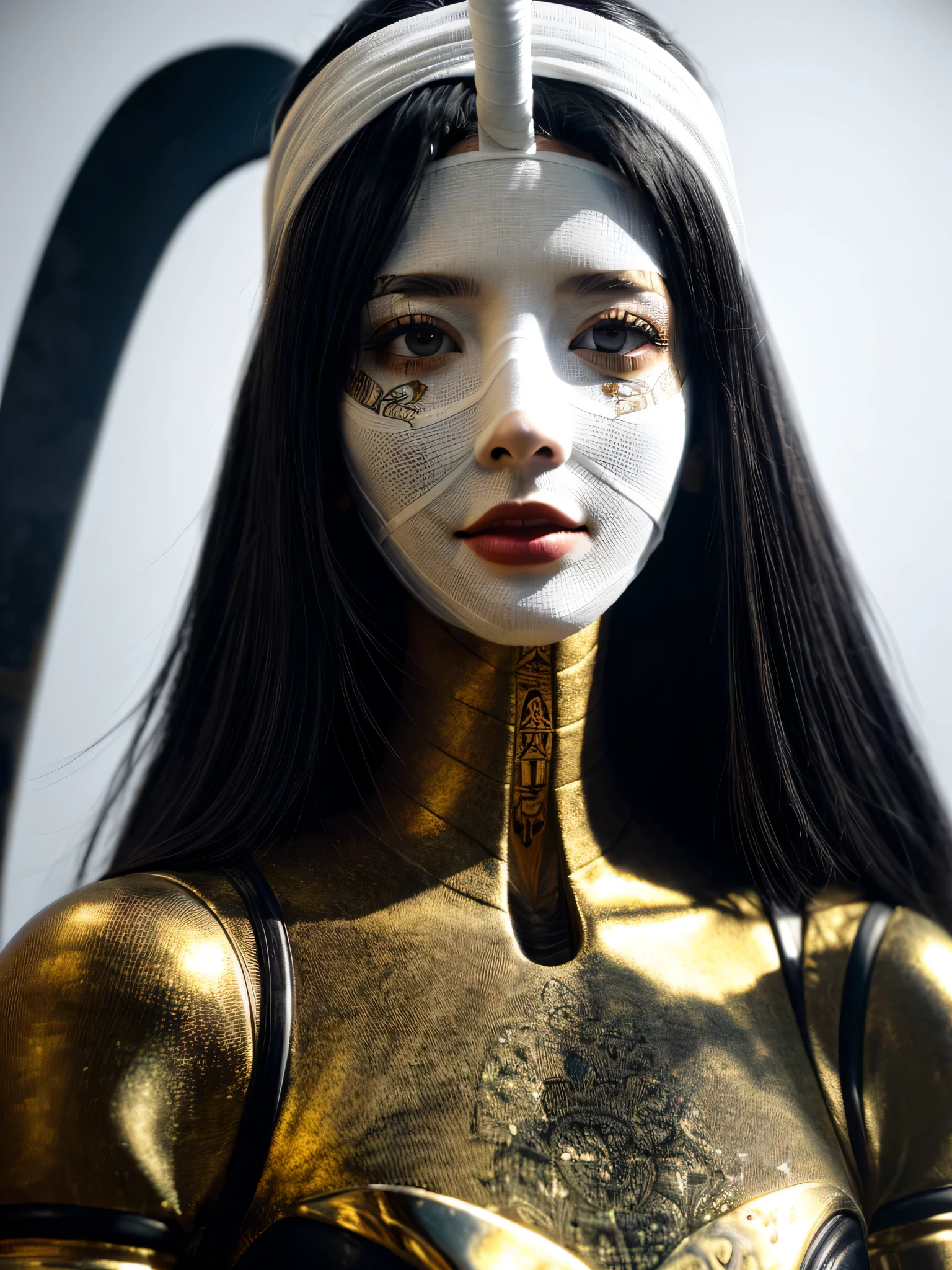 dark creepy background, ((mummy)), ((( fully coved in all white bandages))) ruby, medium hair, scenic, cute, adorable, pretty, 8k resolution concept art portrait, dynamic , ((female scythe sharpening pose)),lighting hyperdetailed intricately detailed Splash art trending on Artstation, triadic colors, Unreal Engine 5, volumetric lighting, gothic, high resolution, Close up portrait, ambient light, Nikon 15mm f/1.8G, Egyptian mummy, glamour, intricate and detailed environment, laces, stains, watercolor dark background, Masterpiece, ornate, depth, (((mummification)))