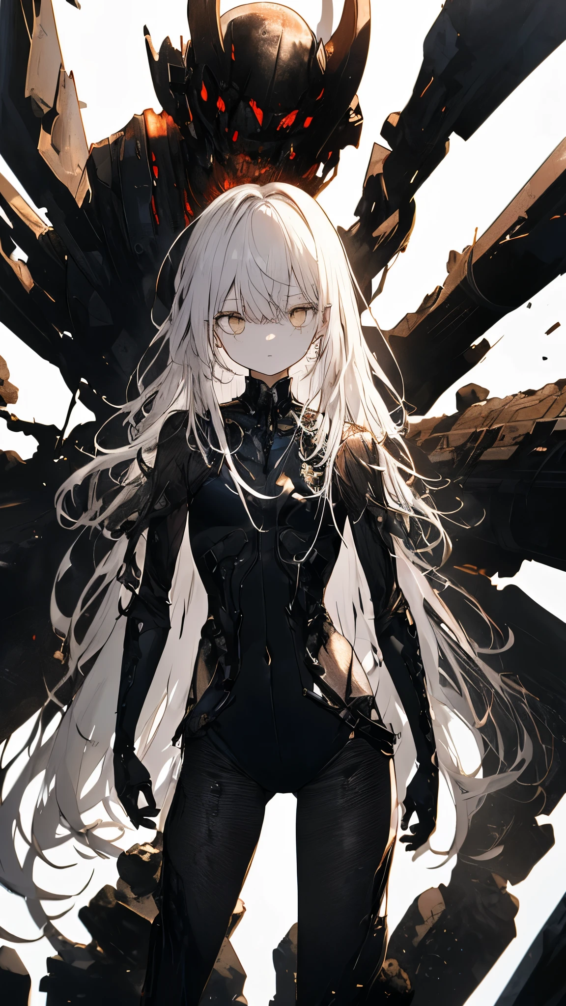 masterpiece， highest quality， Watch the audience， Long Hair， Fresh， （Wavy Hair：0.7），
Black Theme， （（（（Gray ruins，）））），Human whole body，Sheer thin leotard，Front view，Golden Eyes，Luminous pupils，Long, straight white hair，Small breastysterious，Expressionless、（Full Shot），Ultra-high resolution，Accurate，Super detailed，Award-winning，Attention to detail，highest quality，8k、High leg、Mysterious、Silent abandoned townscape、Endless dark mechanical ruins、Ultra high definition、8k，Amazingly clear faces、White skin、