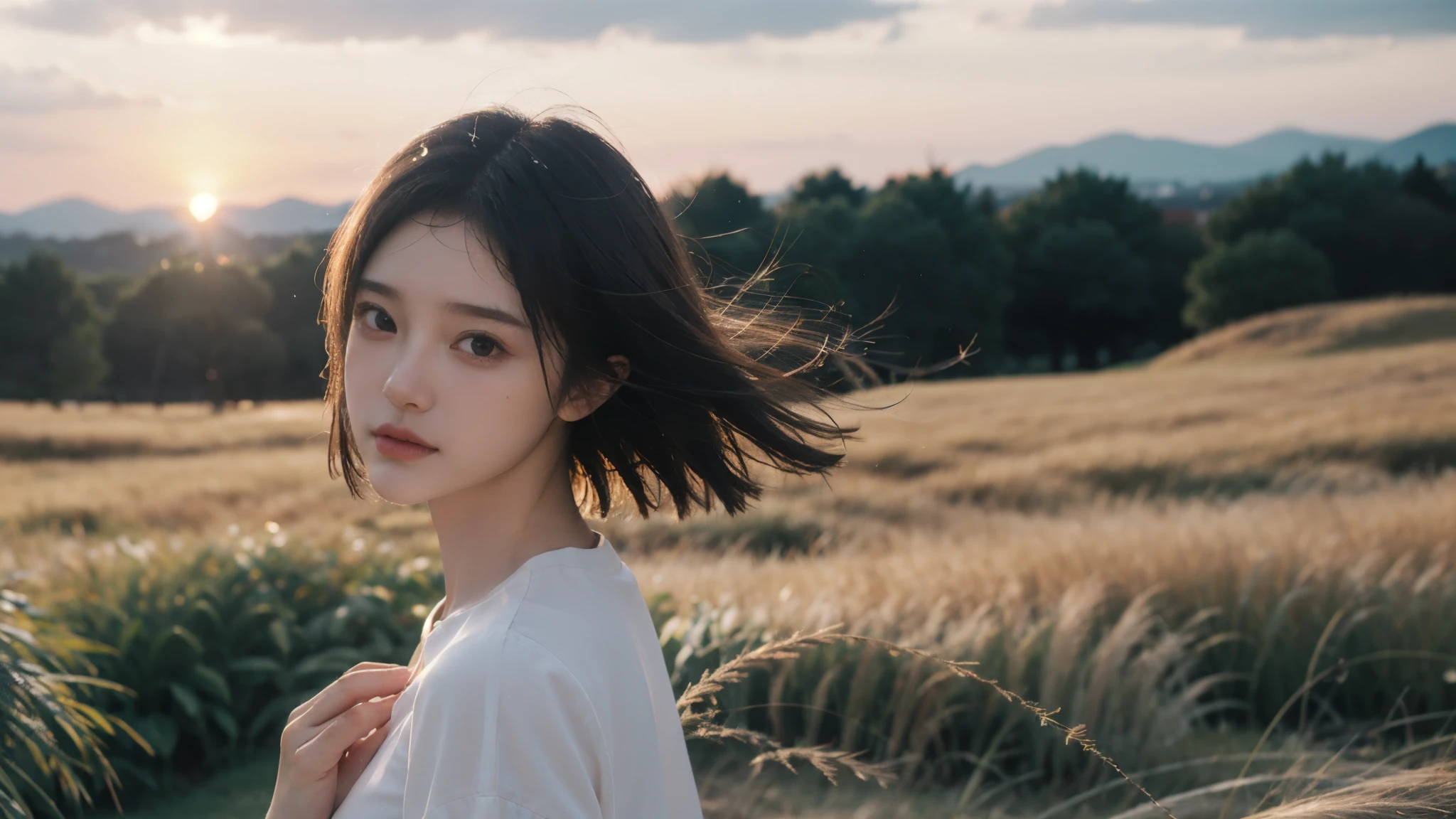 highest quality,masterpiece,Ultra-high resolution,Realistic,RAW Photos,unity 8k wallpaper, Panorama, Cinematic lighting,
On the grass, sunset, Dappled Sunshine, Golden Hour Lighting, Backlight, Blurred Background, (Lens flare), Wind, pastel colour, Soft Light,
1 Girl,Floating short hair, elegant, Upper Body,