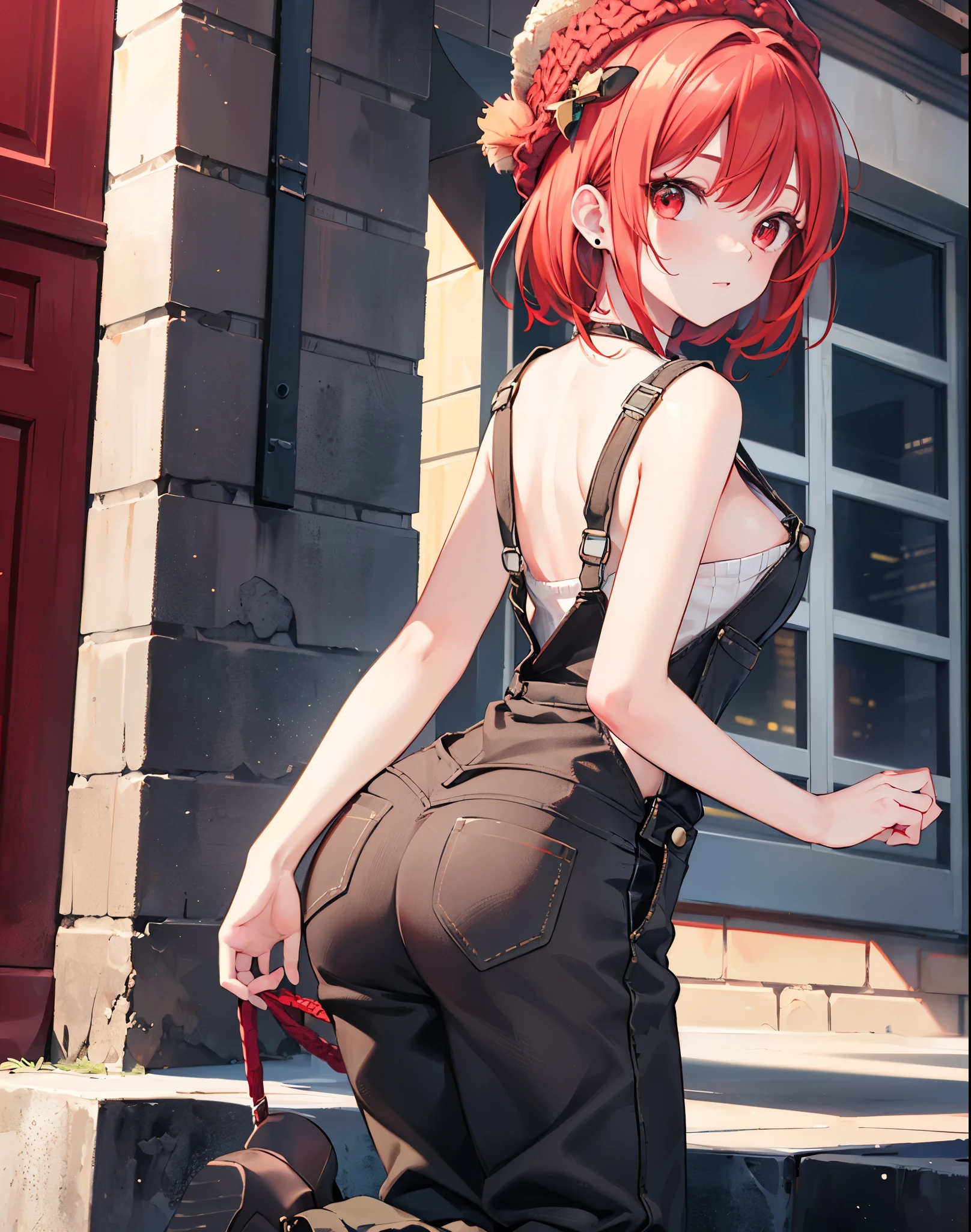 Realistic,highest quality, Ultra Detail, High-quality CG rendering, The most delicate and beautiful, Floating softly, High resolution, (1 girl), (Highest quality,4K,8K,masterpiece:1.2),(All red hair:1.5), (Medium Hair:1.5),(Red eyes:1.5),(Slightly larger breasts:1.2), (Beige overalls:1.3),(Black boots:1.3)、(Brown knit hat:1.3)、pierced left ear,In the city,old buildings,(Turn your back to your audience:1.3),Ass,(whole body:1.3)