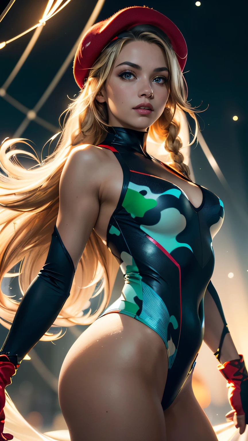 (masterpiece, best quality, highres:1.2), (photorealistic:1.2), (intricate and beautiful:1.2), (detailed light:1.2), (soft lighting, side lighting, reflected light), (colorful, dynamic angle), \Cammy White\, upper body shot, upper body shot, fashion photography of cute, intense long hair, blonde hair, twin braids, beret, (red headwear:1.3), blue eyes, green leotard, sleeveless, red gloves, fingerless gloves, camouflage, arms at sides, straight-on, (highres textures), in dynamic pose, bokeh, glowing web, light passing through hair, (abstract background:1.3), (official art), (realistic skin texture:1.2), (sharp)