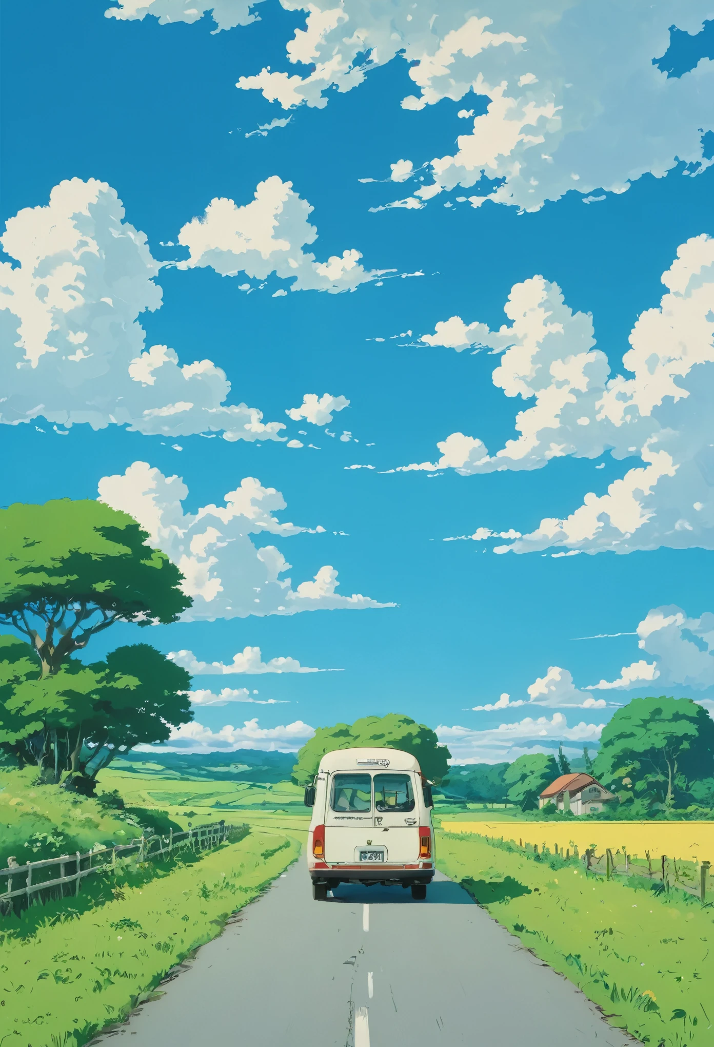 (minimalism:1.4), a Minibus on the road, Studio Ghibli art, Miyazaki, pasture with blue sky and white clouds