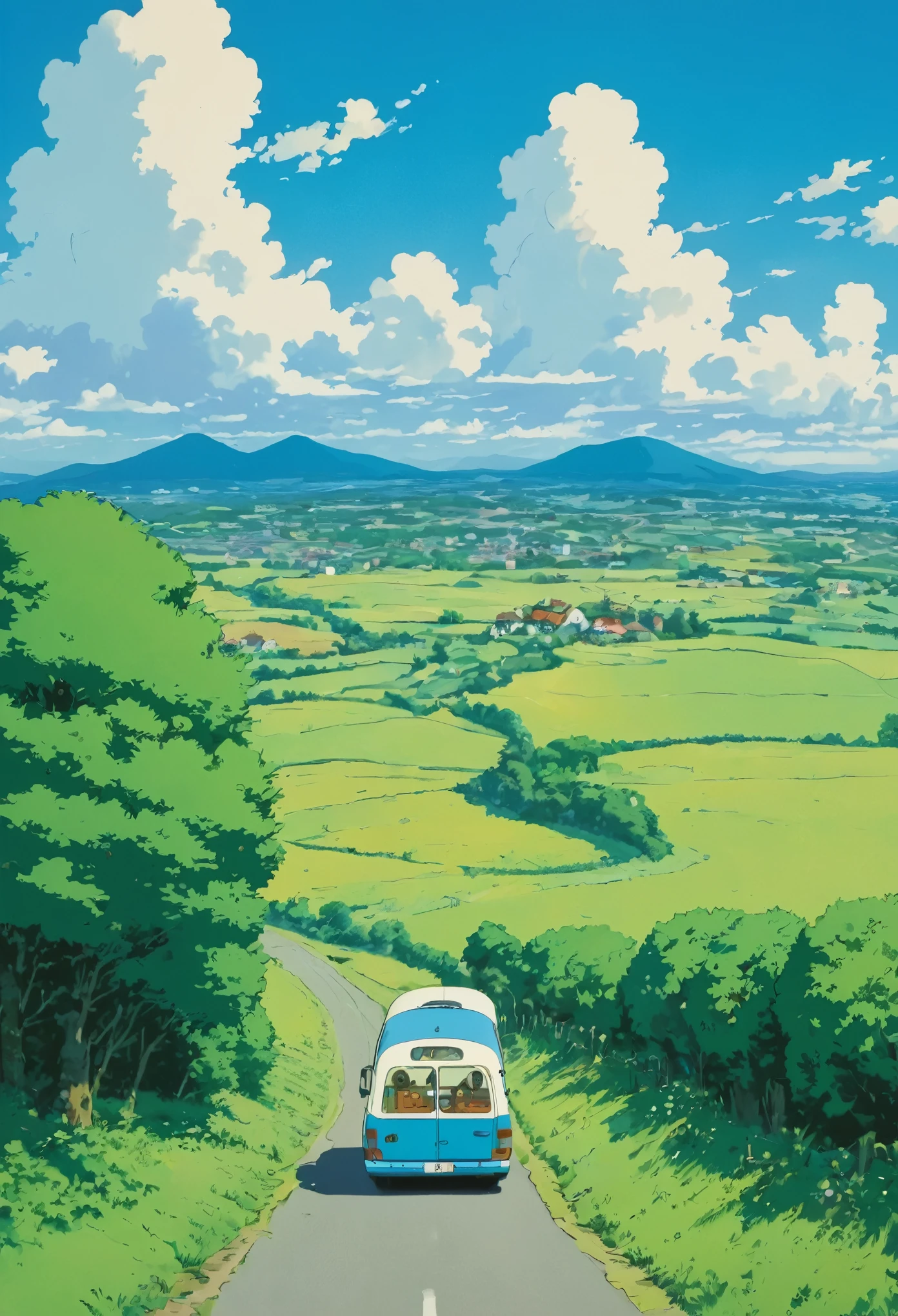 (minimalism:1.4), a Minibus on the road, Studio Ghibli art, Miyazaki, pasture with blue sky and white clouds