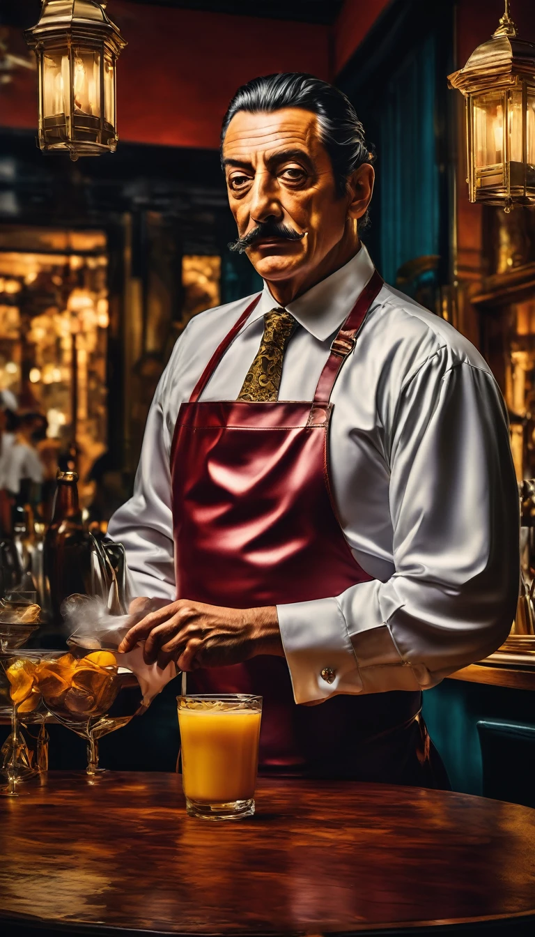 Dali's charismatic demeanor as he effortlessly charms both his friends and the restaurant staff, digital art trending on Artstation 8k HD high definition detailed realistic, circunstanciado, textura da pele, hiper detalhado, textura de pele realista, armadura, melhor qualidade, ultra high-resolution, (fotorrealista:1.4), high resolution, circunstanciado, Foto RAW, sharp re, by Lee Jeffries Nikon D850 film Stock Photography 4 Kodak Portra 400 camera F1.6 lens rich colors hyper realistic lifelike texture dramatic lighting unrealengine trending on artstation cinestill 800,