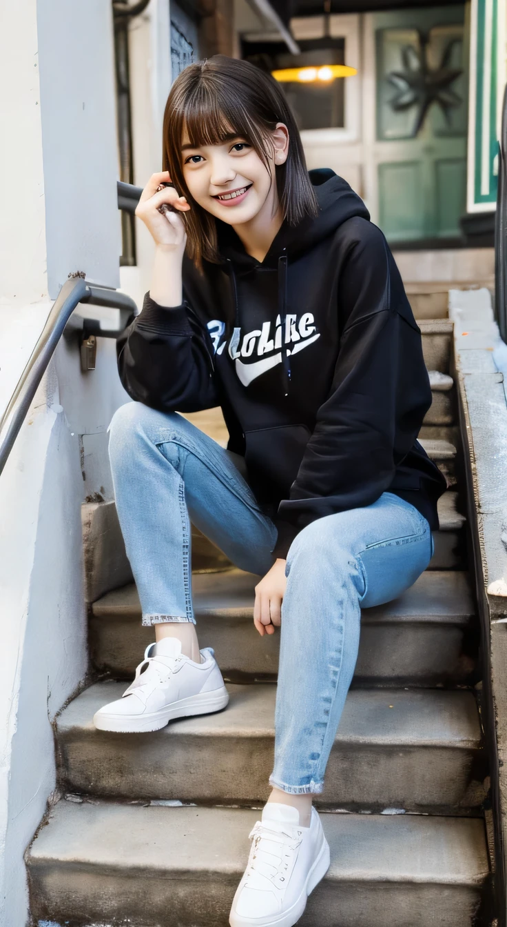 highest quality, Realistic, Very detailed, Finer details, High resolution, 8k wallpaper, One beautiful woman,Sit on the stairs、smile、(Beautiful teeth alignment、)(Gums are visible) Oversized hoodie, Skinny jeans,( Black sneakers)、Black Hair、 Beautiful Bangs、ear piercing、Perfect dynamic composition, Beautiful and detailed, Full Body Shot, A big smile waiting to start