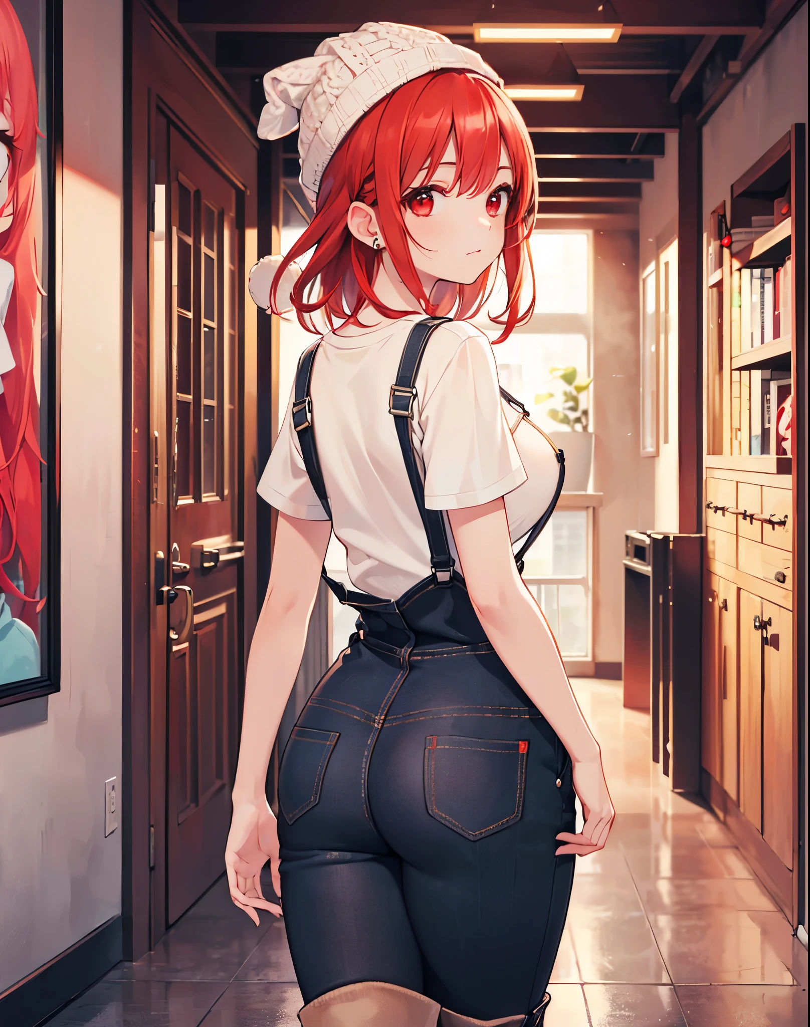 Realistic,highest quality, Ultra Detail, High-quality CG rendering, The most delicate and beautiful, Floating softly, High resolution, (1 girl), (Highest quality,4K,8K,masterpiece:1.2),(All red hair:1.5), (Medium Hair:1.5),(Red eyes:1.5),(Slightly larger breasts:1.2), (Beige overalls:1.3),(Pure white inner T-shirt:1.3),(Black boots:1.3)、(Brown knit hat:1.3)、pierced left ear,In the city,old buildings,(Turn your back to your audience:1.3),Ass,(whole body:1.3)