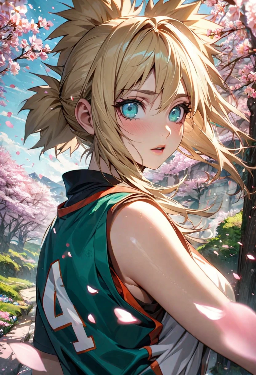 Ultra detailed, Highres, HDR, absurdres, Temari, expressive teal eyes, blond hair, woman, extremely beautiful, Naruto Shippuden, solo, extremely detailed face and eyes, petals, blossoms, spring, master piece, basketball uniform, cherry blossoms, butterflies