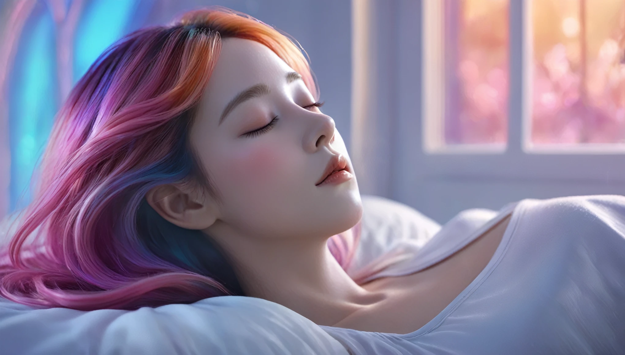(best quality,8k,ultra-detailed:1.2),(CG,CG art,3D rendering),(masterpiece:1.2),(movie lighting,futuristic),(woman lying in bed,sleeping,closed eyes),(large window behind her,tranquil night),(colorful hair:1.5)