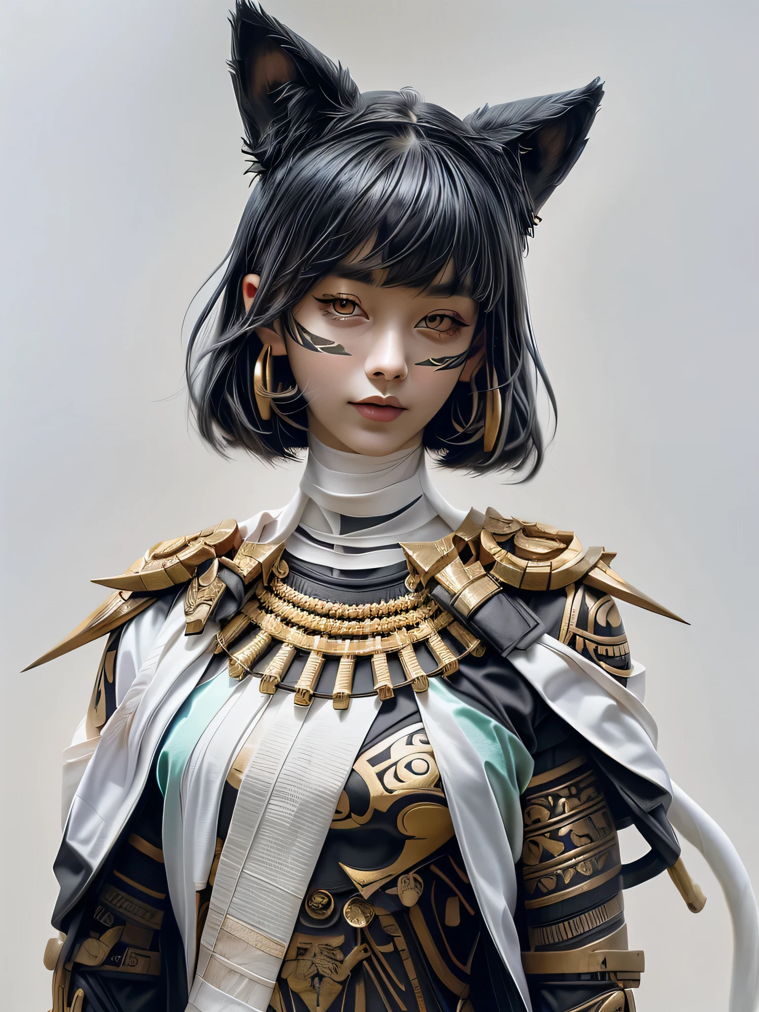 dark creepy background, ((mummy)), ((( fully coved in all white bandages))) ruby, medium hair, scenic, cute, adorable, pretty, 8k resolution concept art portrait, dynamic , ((female scythe sharpening pose)),lighting hyperdetailed intricately detailed Splash art trending on Artstation, triadic colors, Unreal Engine 5, volumetric lighting, gothic, high resolution, Close up portrait, ambient light, Nikon 15mm f/1.8G, Egyptian mummy, glamour, intricate and detailed environment, laces, stains, watercolor dark background, Masterpiece, ornate, depth, (((mummification)))