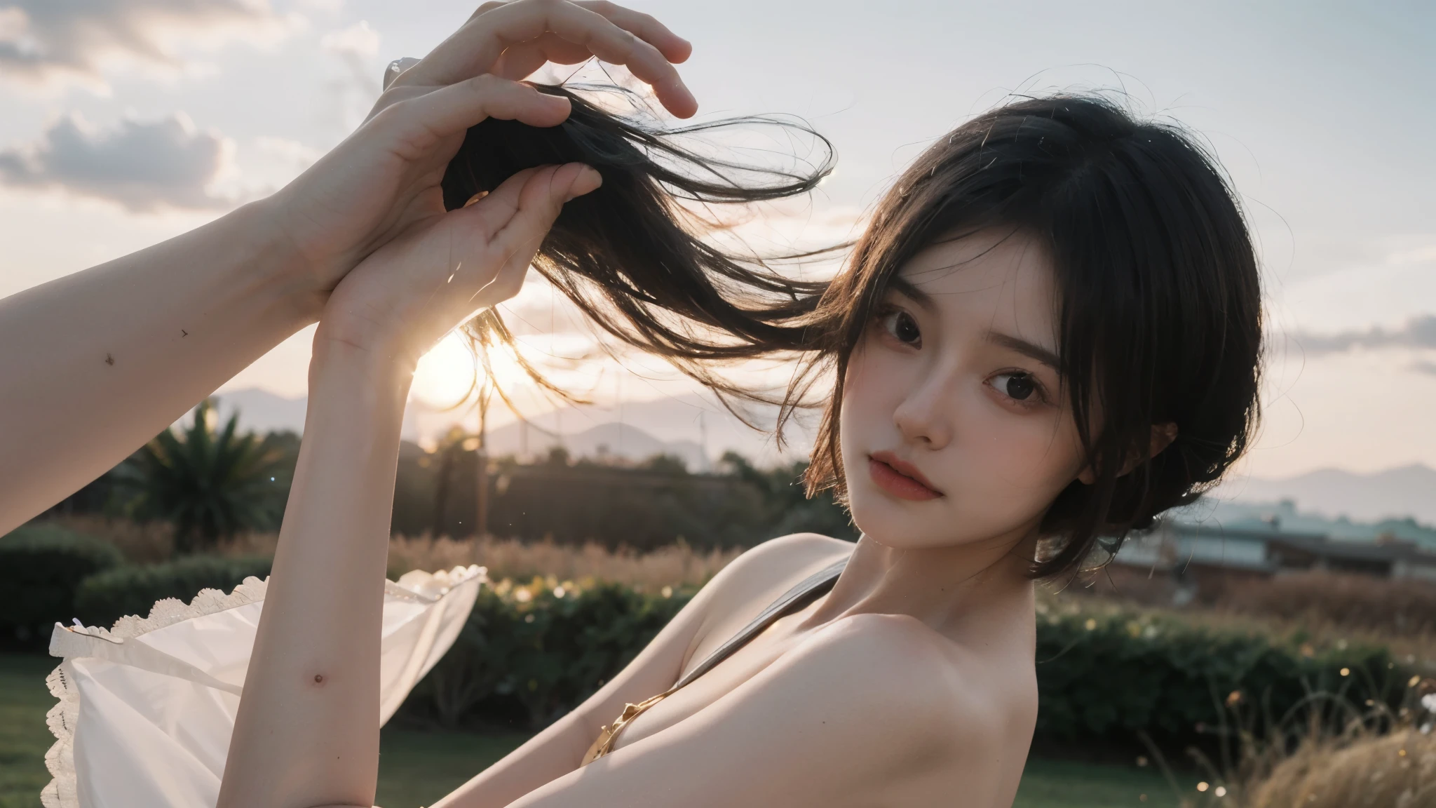 highest quality,masterpiece,Ultra-high resolution,Realistic,RAW Photos,unity 8k wallpaper, Panorama, Cinematic lighting,
On the grass, sunset, Dappled Sunshine, Golden Hour Lighting, Backlight, Blurred Background, (Lens flare), Wind, pastel colour, Soft Light,
1 Girl,Floating short hair, elegant, Upper Body,