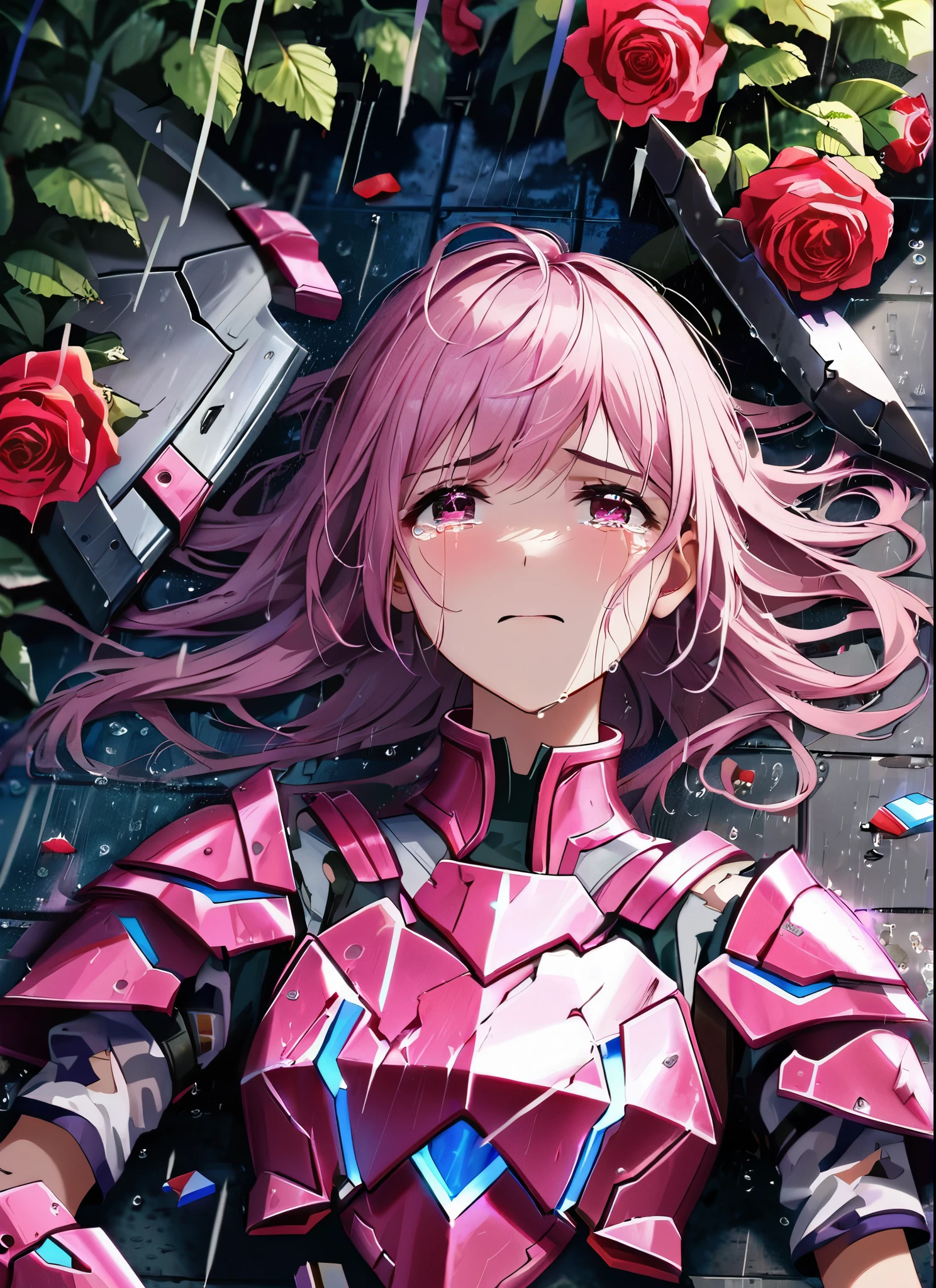 A girl, kneeling in the floor, wearing a ultra shattered and ultra broken cute pink armor, missing pieces, very damaged armor ,ripped clothes, broken helmet ,broken shield and broken sword, in tears, sad, dramatic scene, tears flowing in the face, garden, roses, rain, ultra detailed face