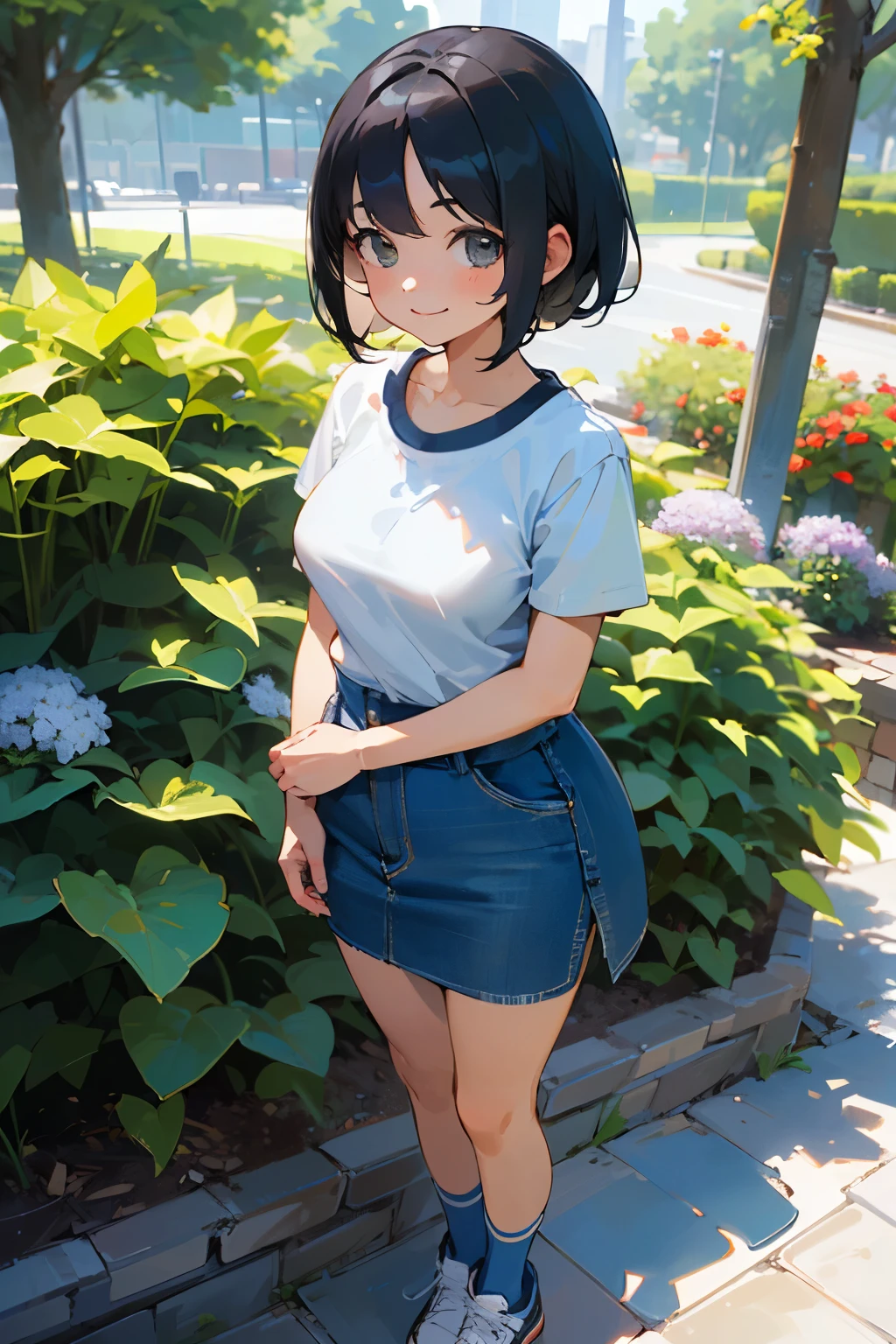 (high quality, High resolution, Very detailed, reality:1.37), Peaceful atmosphere, (Outdoor, garden), Teenage girl standing alone, (my breasts are big.), Beautiful details, Cute Smile, (Black bob hair), Short sleeve shirt, Denim skirt, Blue socks, sneakers.