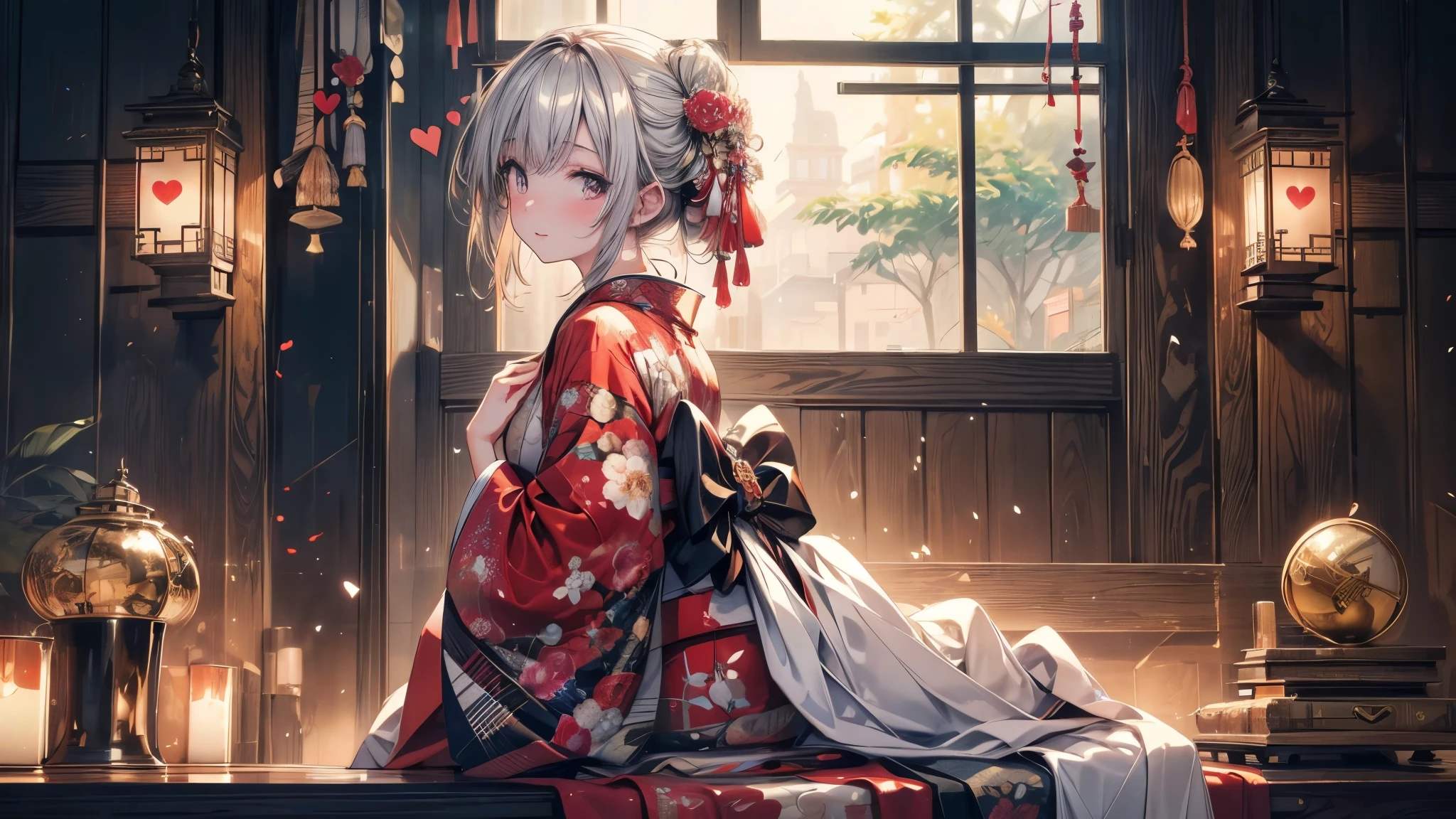 kimono, Heart, (8k, original photo, best quality, masterpiece: 1.2), (Practical: 1.6), (masterpiece), (best quality: 1.0), (Ultra-high resolution: 1.0), detail, 1940s, one, detail beautiful skin, detail room, ,Practical skin