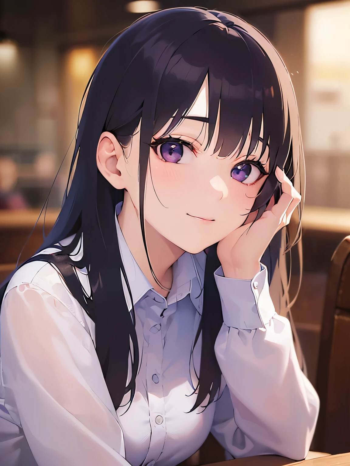 looking up, Placing hand on cheek, Upper Body, Realistic, real person, (pale skin: 1.2), RAW photo, photorealistic, portrait photography, shiny skin, shiny hair、(A 25-year-old woman with straight hair and bangs) and (medium hair) and (black hair) and (purple eyes) , (white collared shirt:1.5) and (long sleeve)、(embarrassed:1.5), smile, The background is the interior of a restaurant at night.、Alone、Sitting